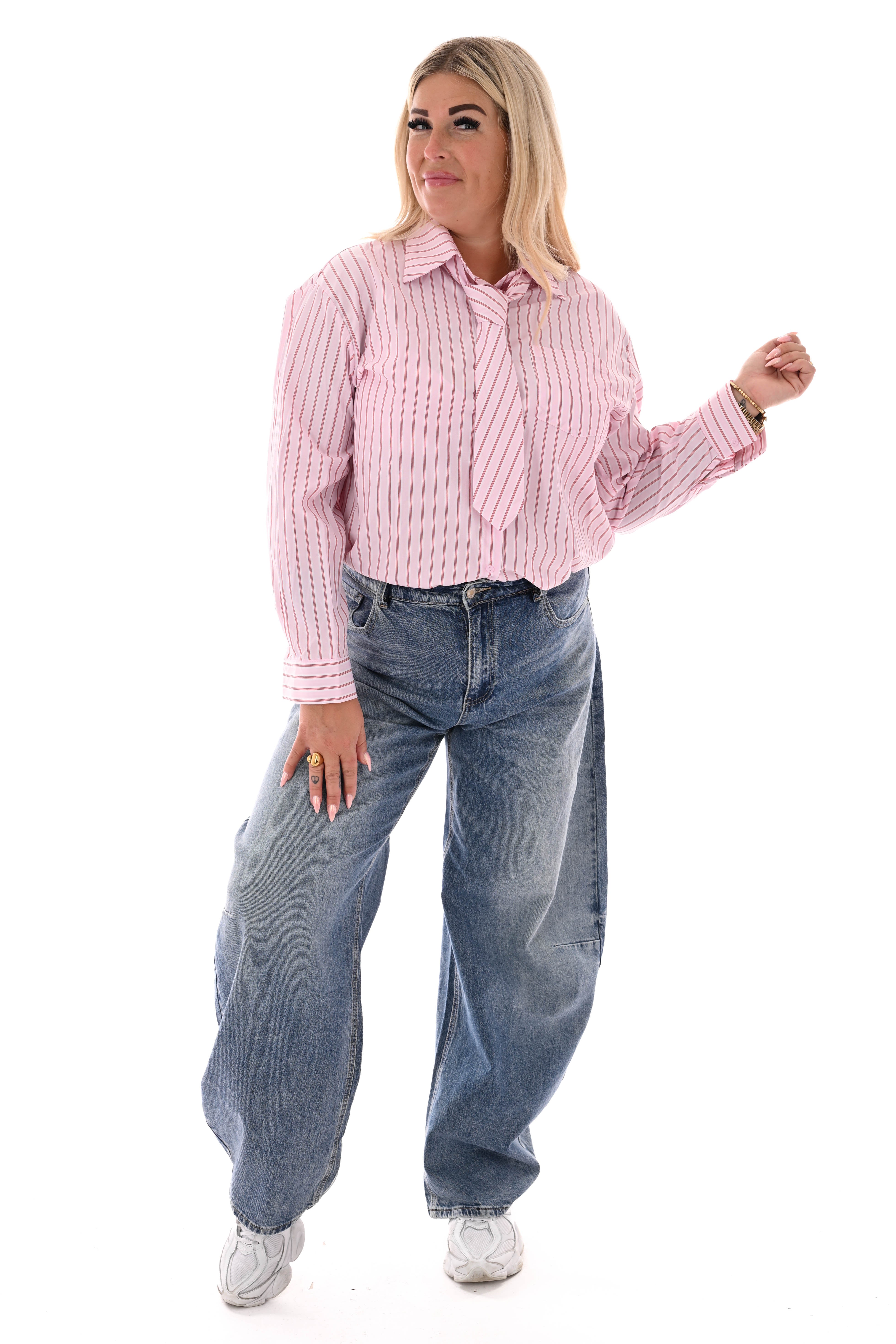 Blouse strepen stropdas lichtroze