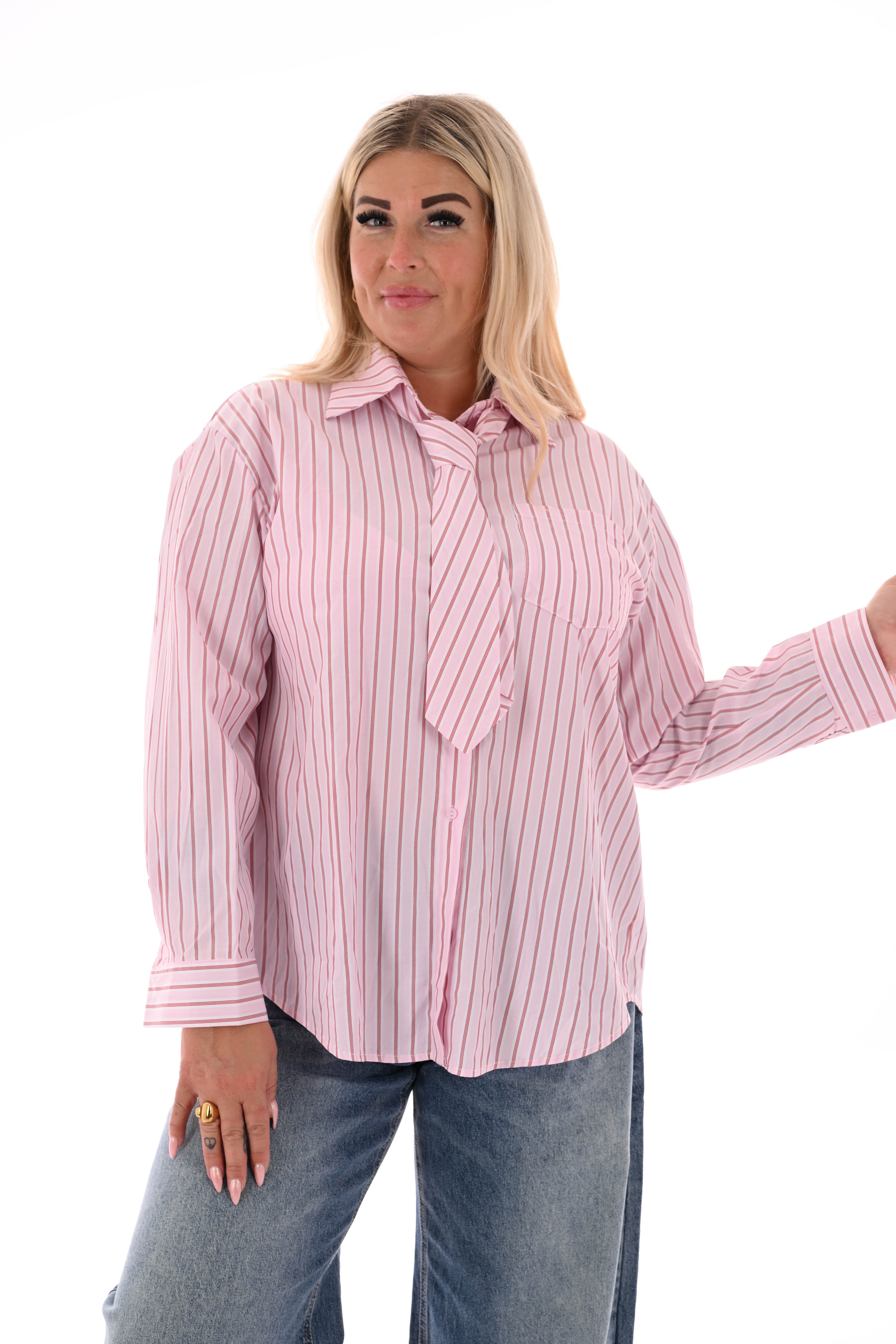Blouse strepen stropdas lichtroze