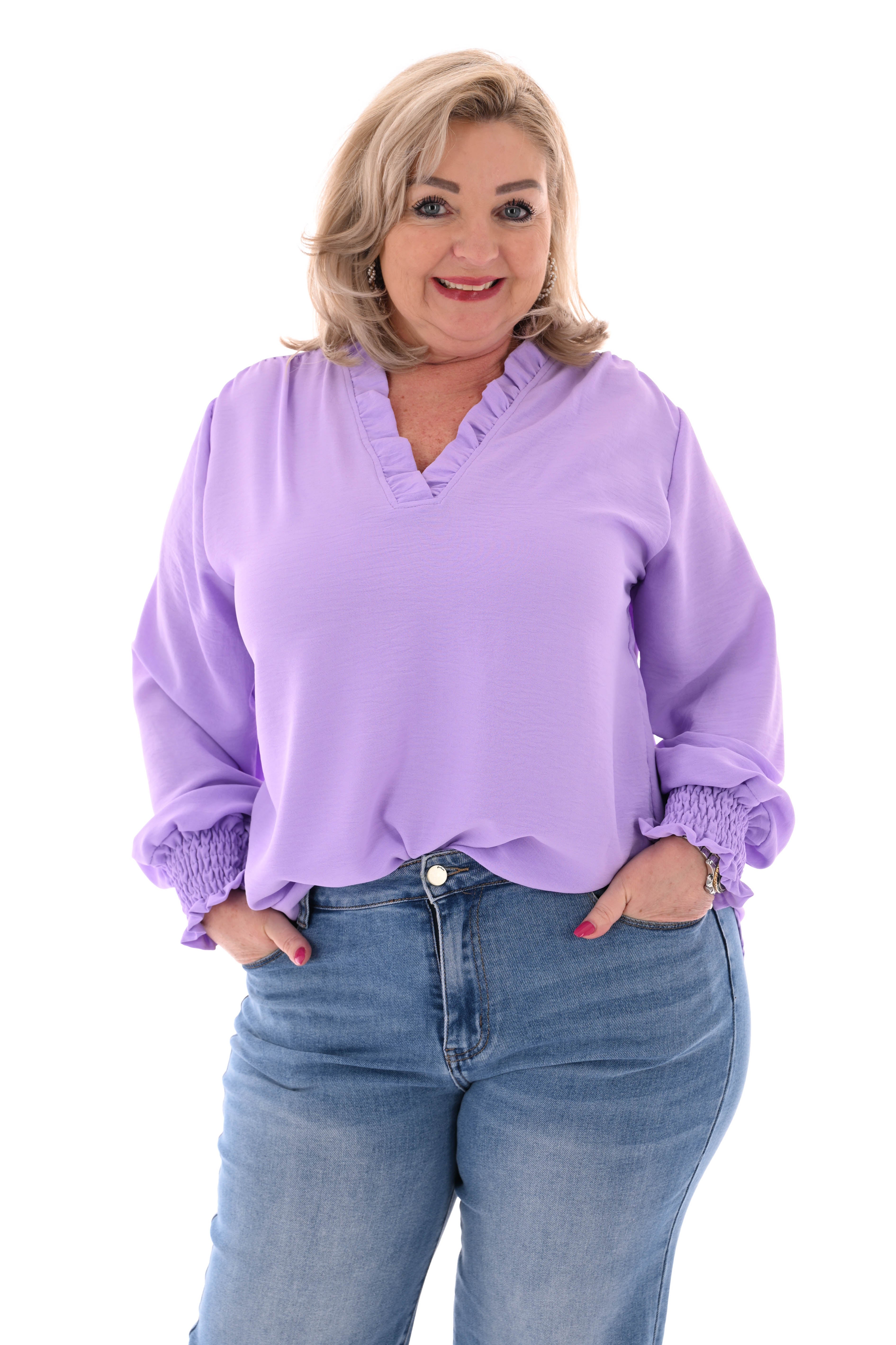 Top v-hals roezels met smockmouwen lila