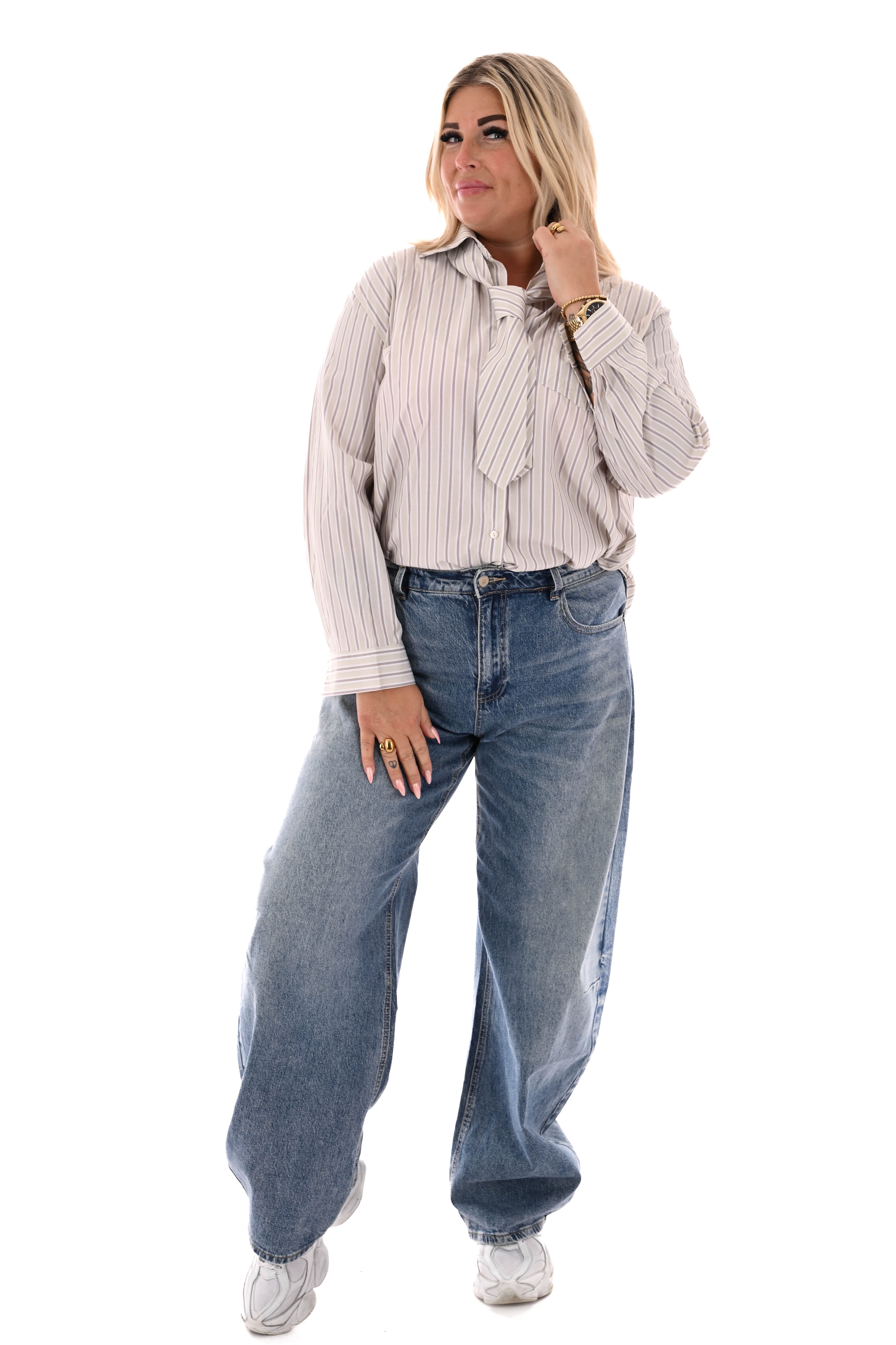 Blouse strepen stropdas beige