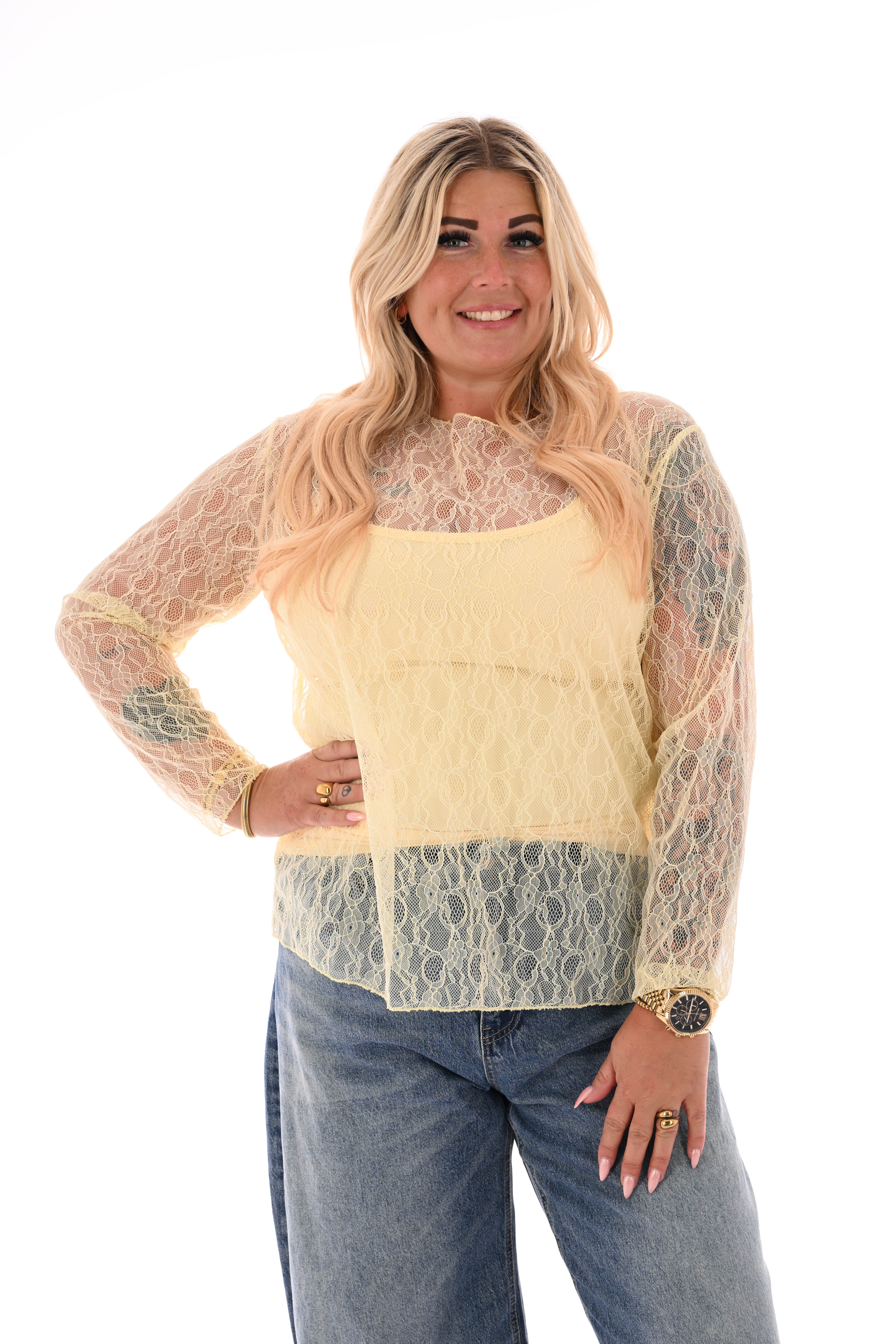 Kanten top ronde hals botergeel