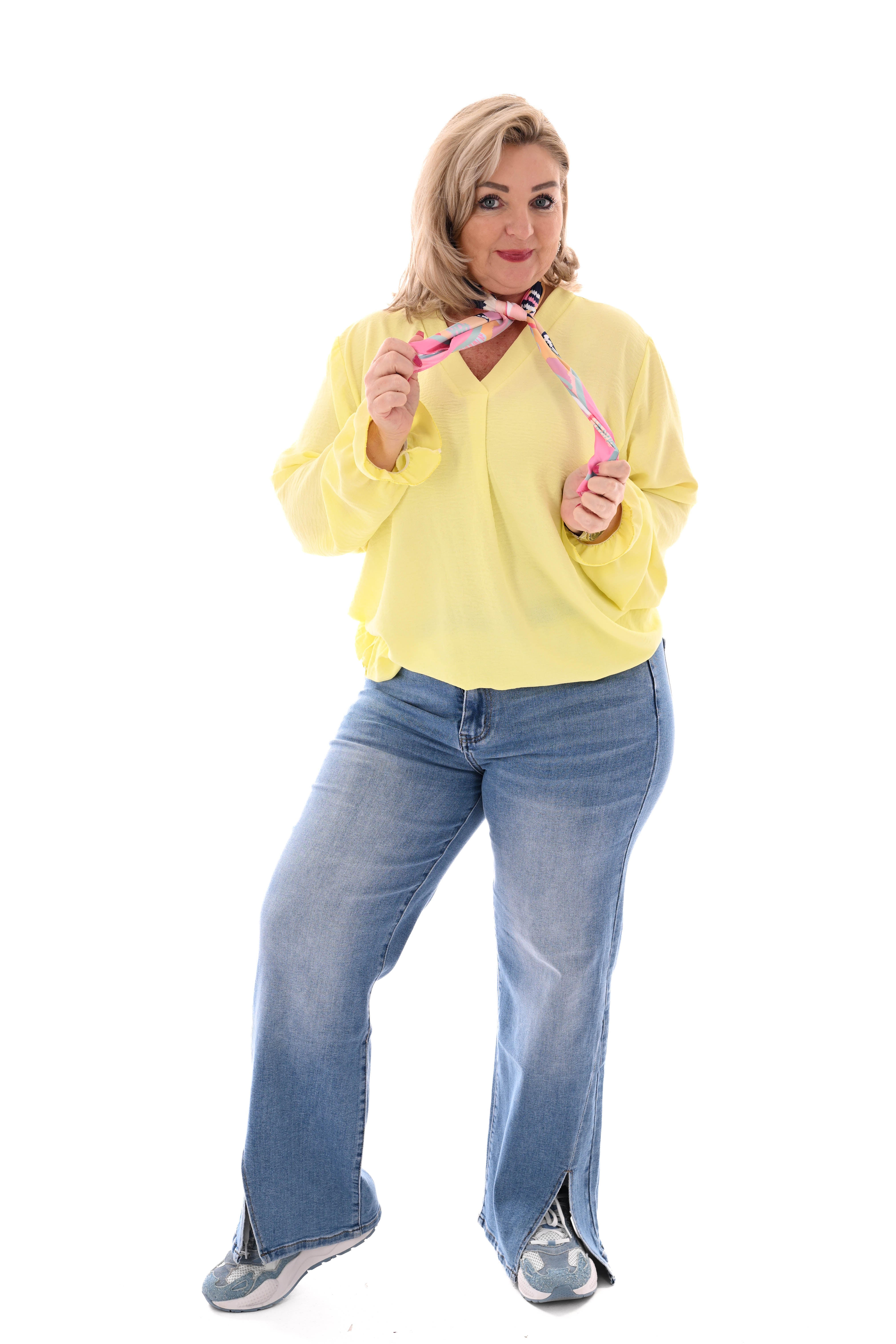 Top trompetmouwen v-hals uni geel