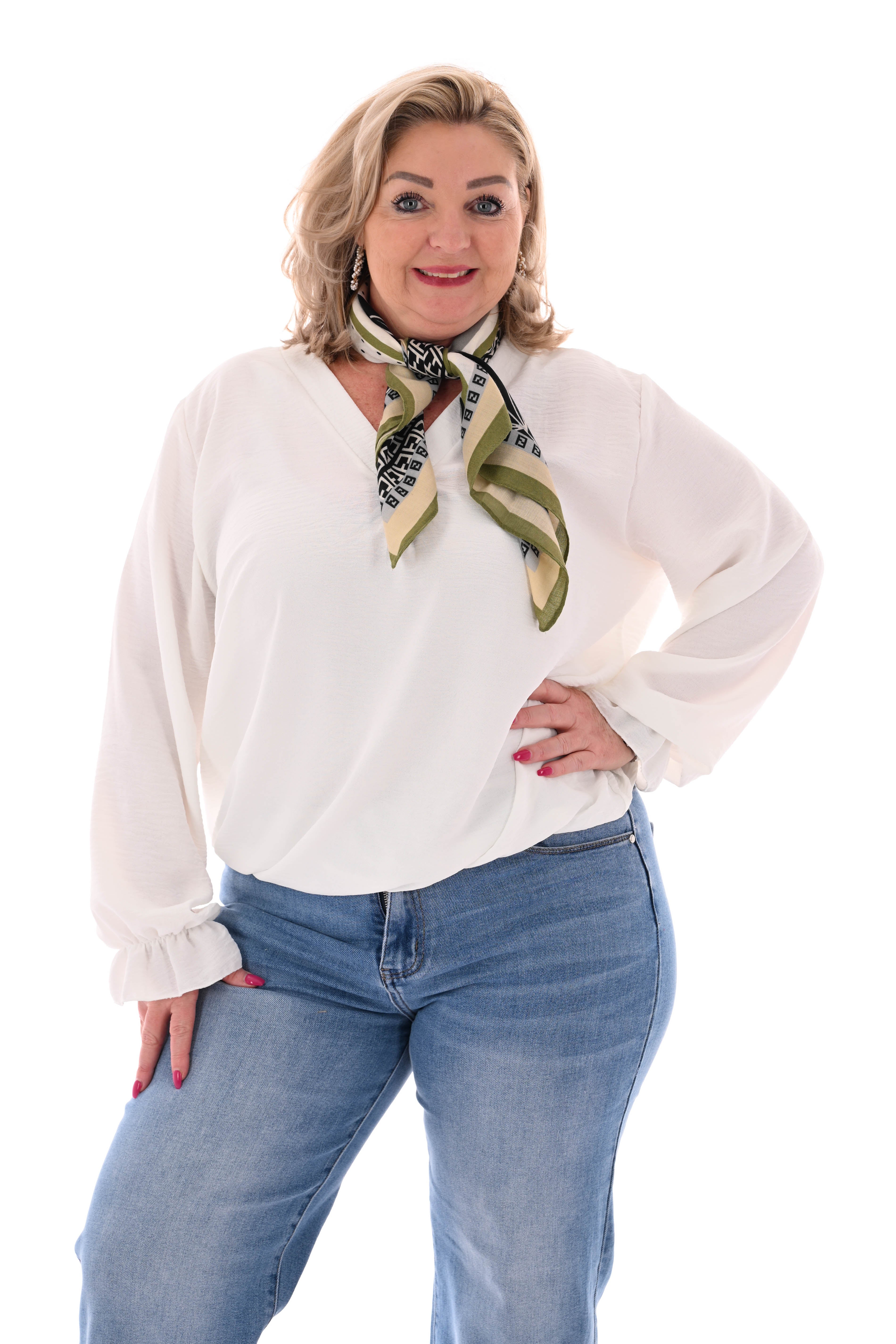 Top trompetmouwen v-hals uni roomwit