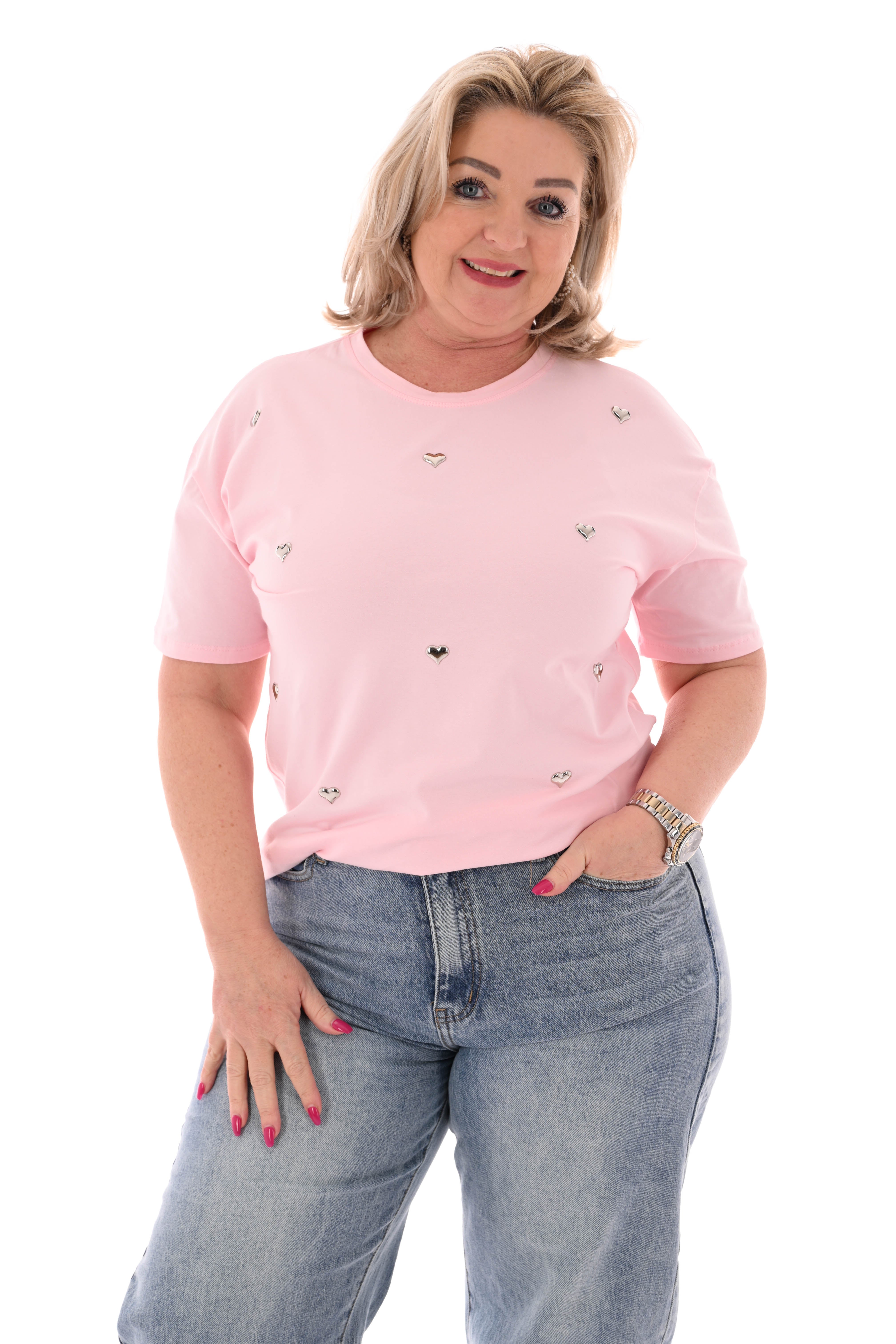 T-shirt zilveren hartjes lichtroze