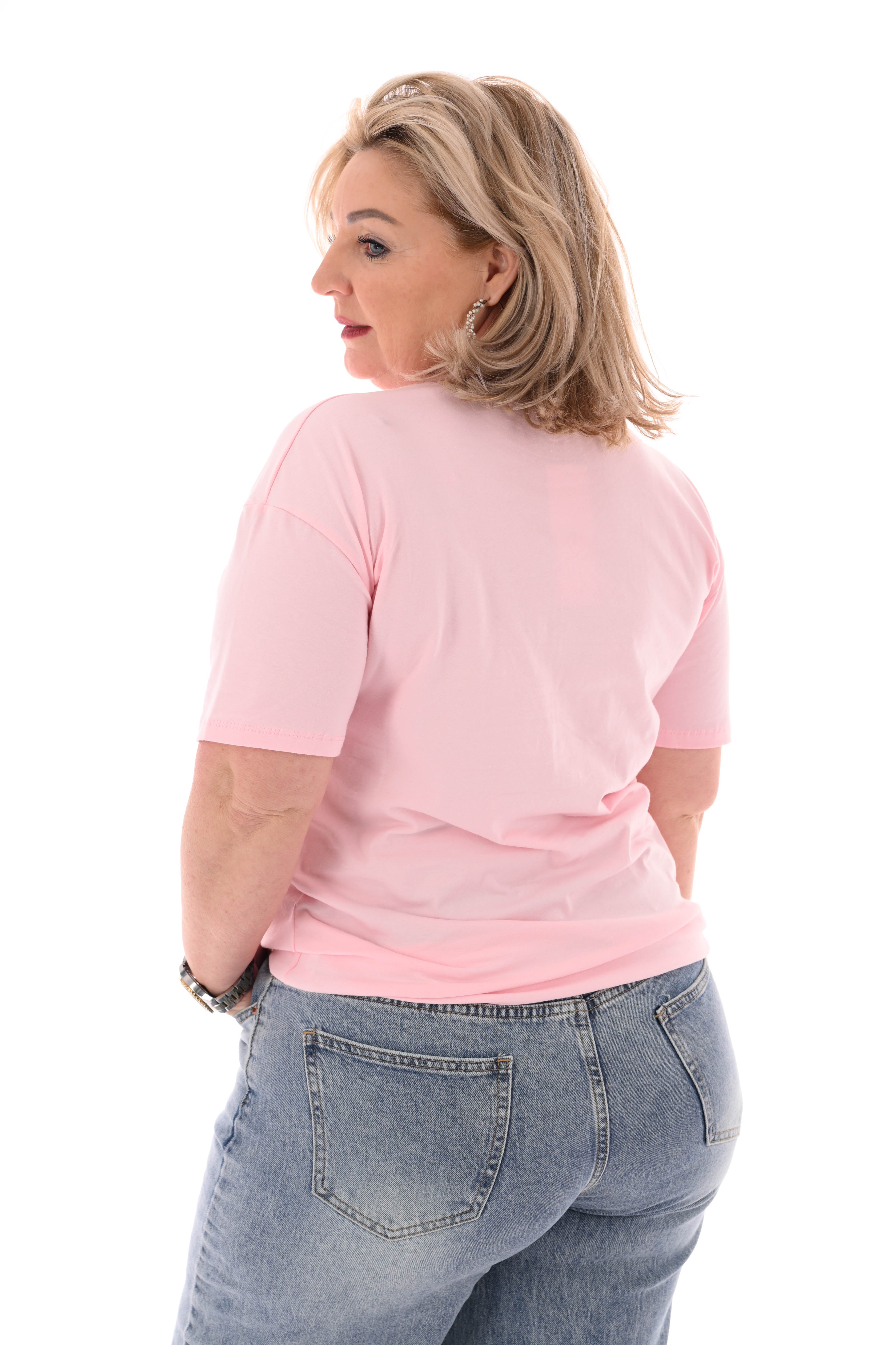 T-shirt zilveren hartjes lichtroze