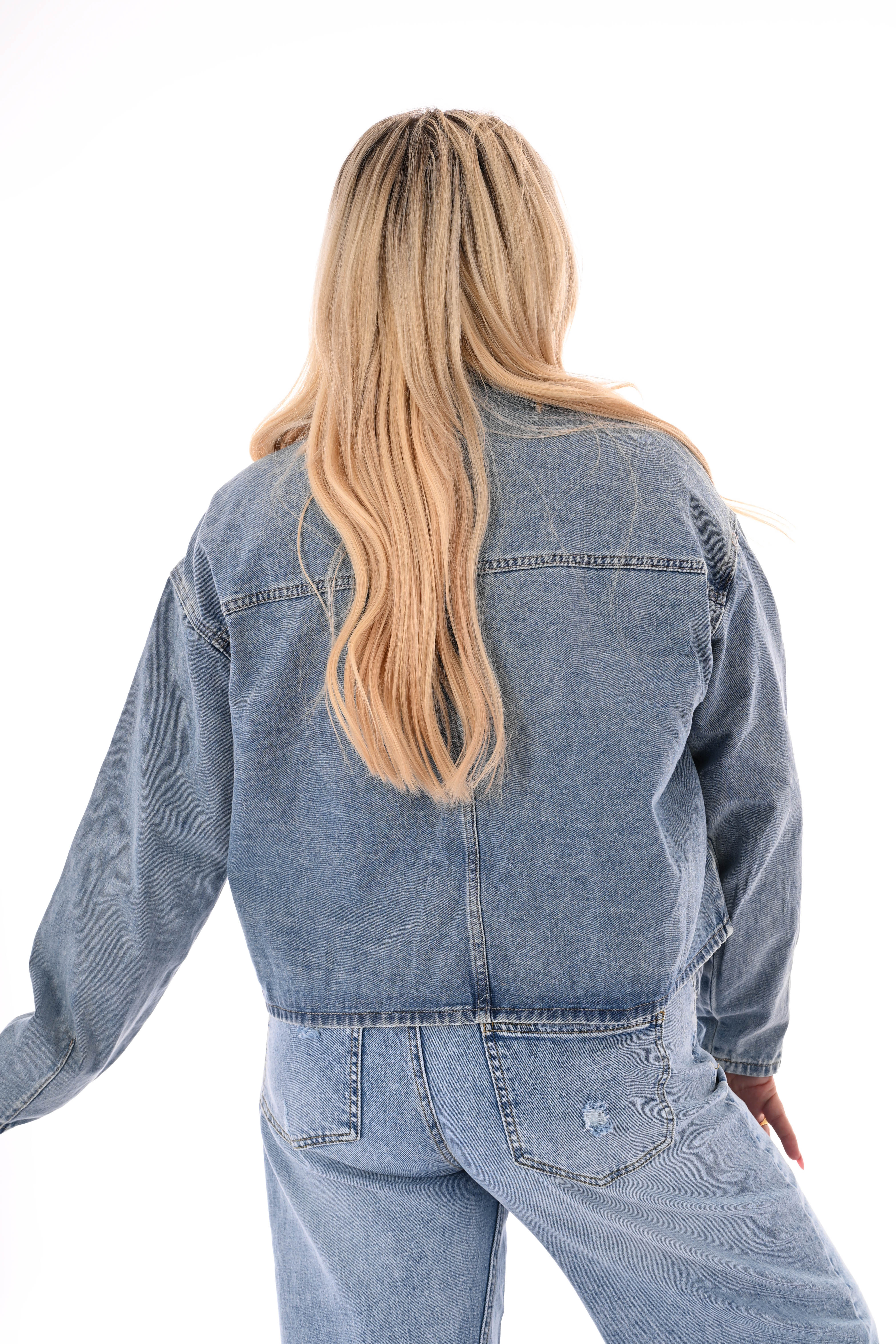 Denim jas met vetersluiting blauw