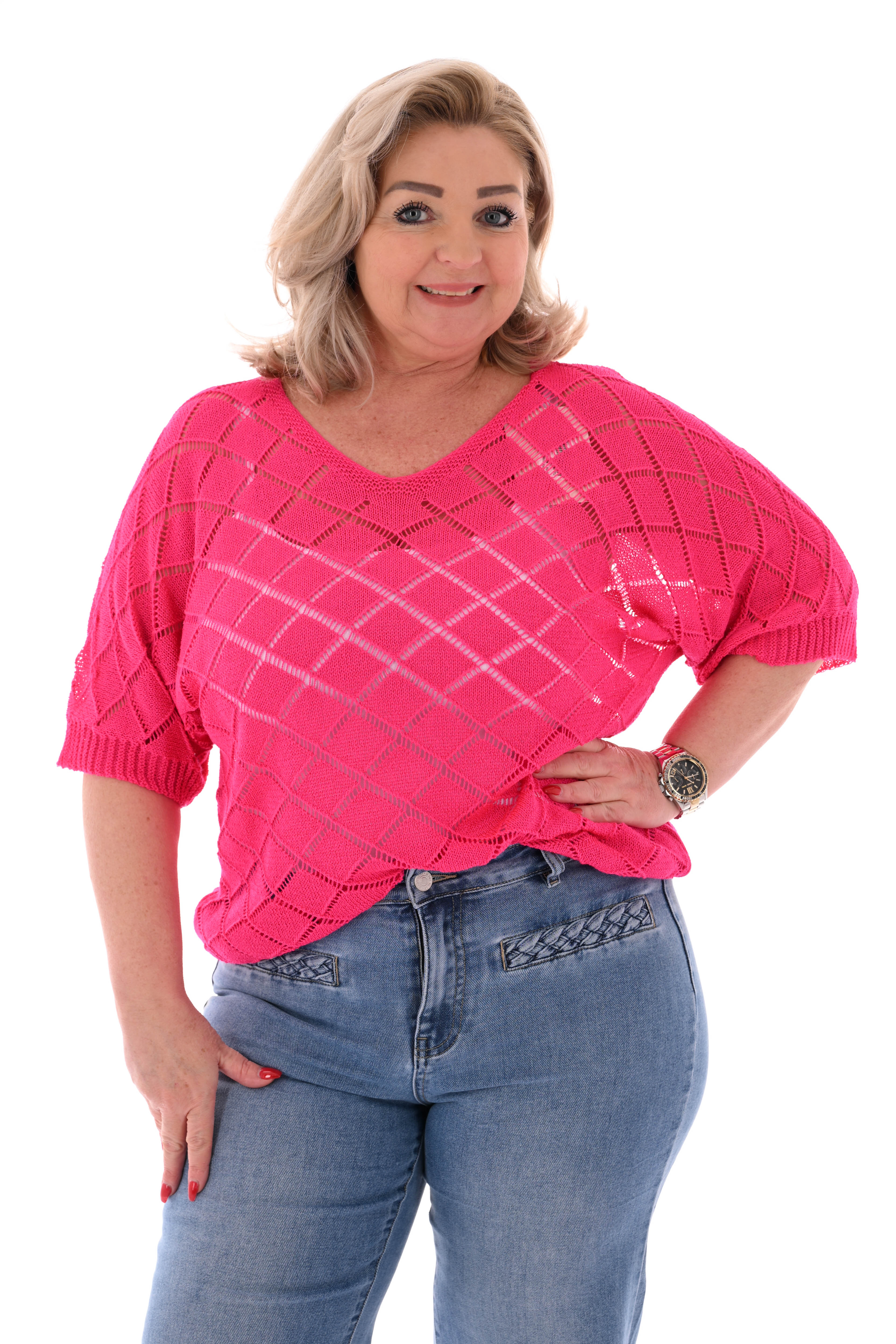 Top korte mouwen ruitpatroon fuchsia