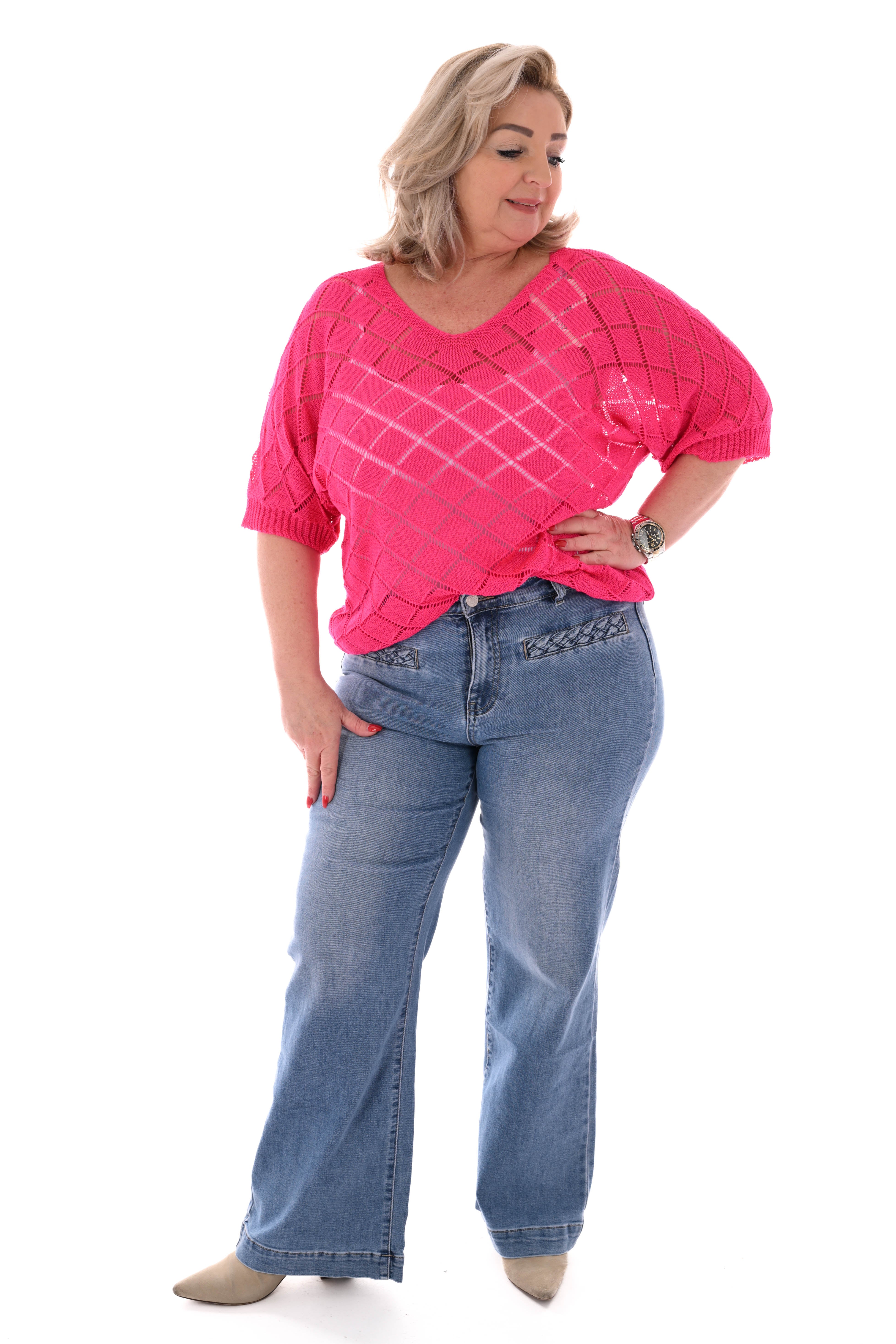 Top korte mouwen ruitpatroon fuchsia