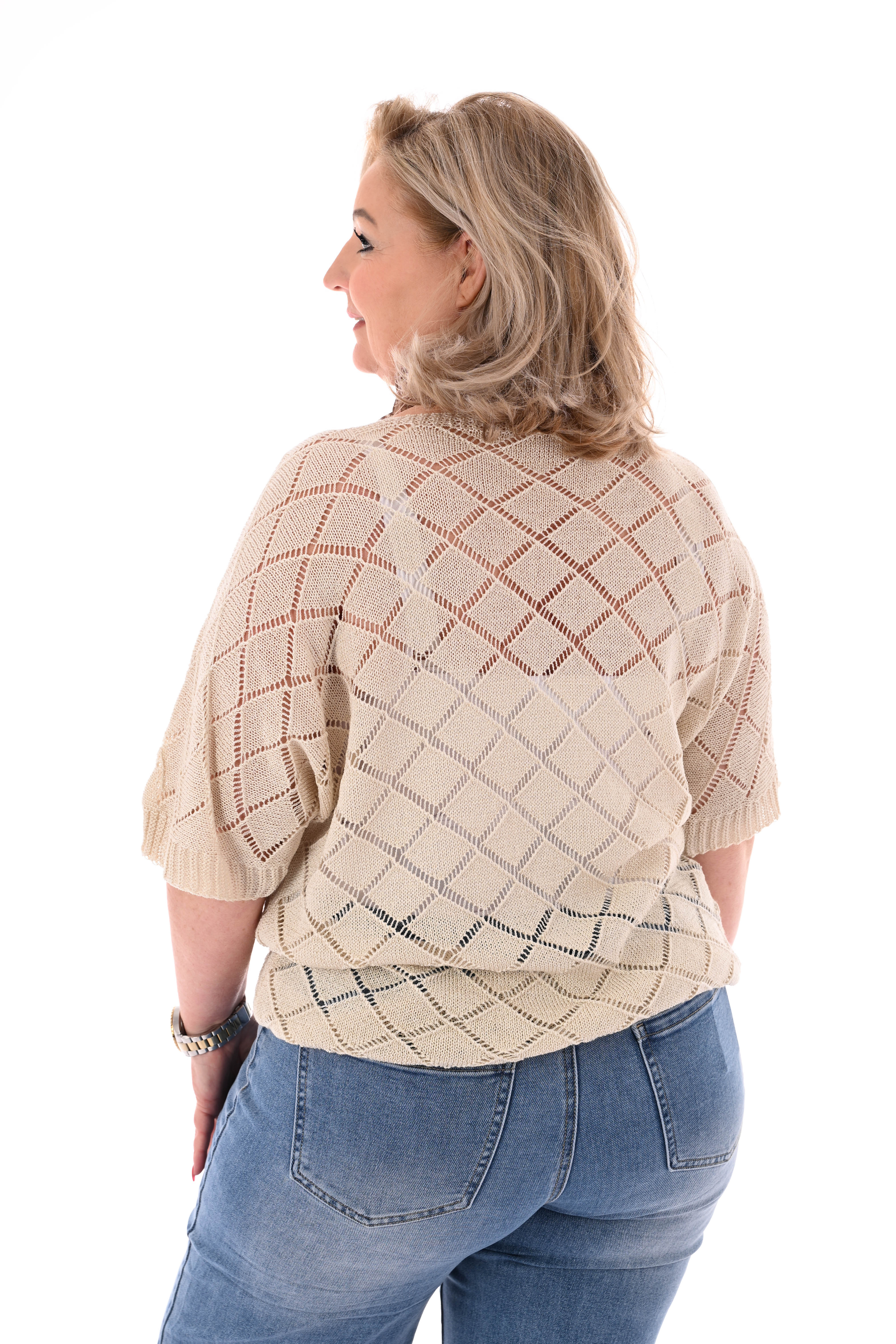Top korte mouwen ruitpatroon beige