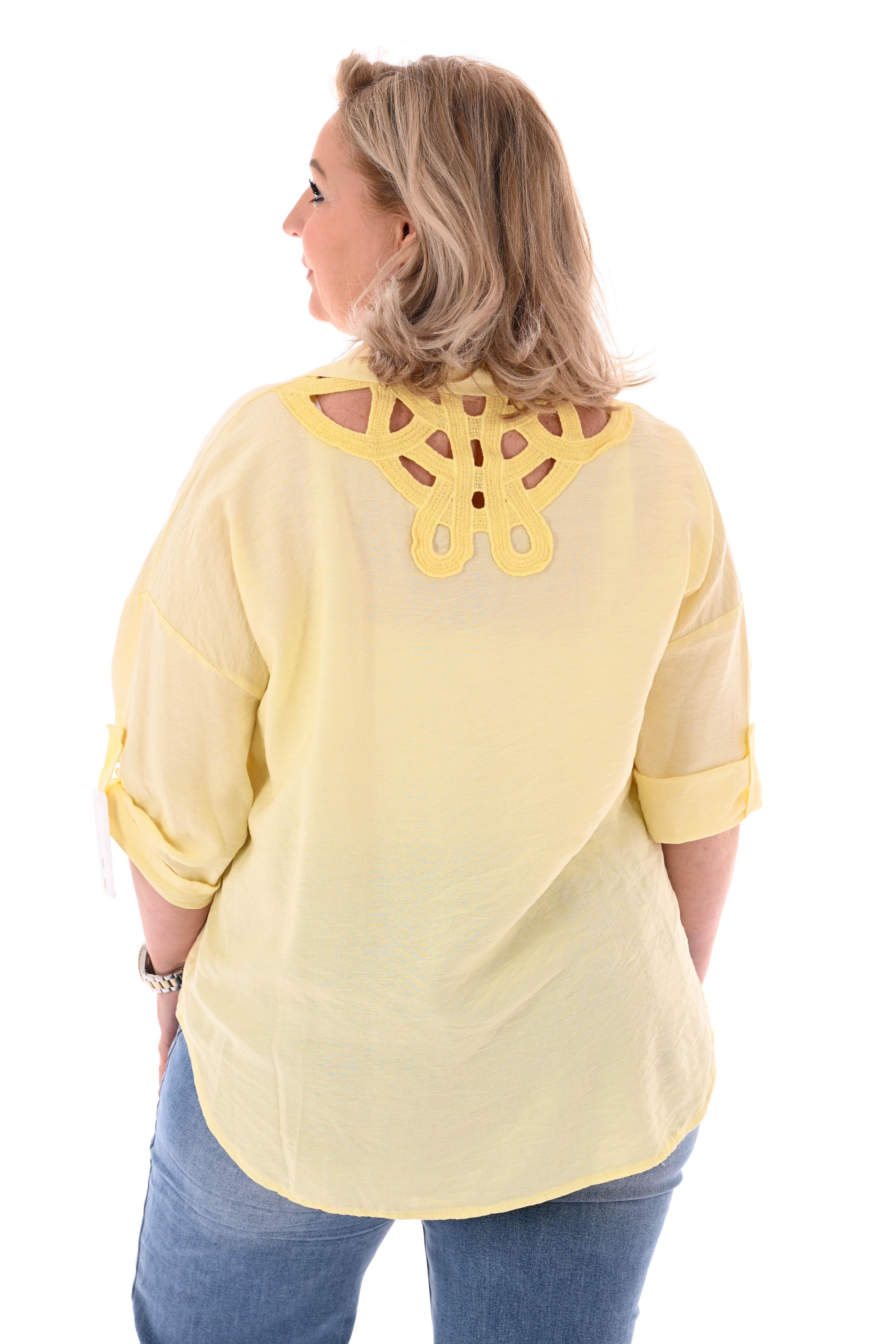 Blouse ophaalmouwen rug detail lichtgeel
