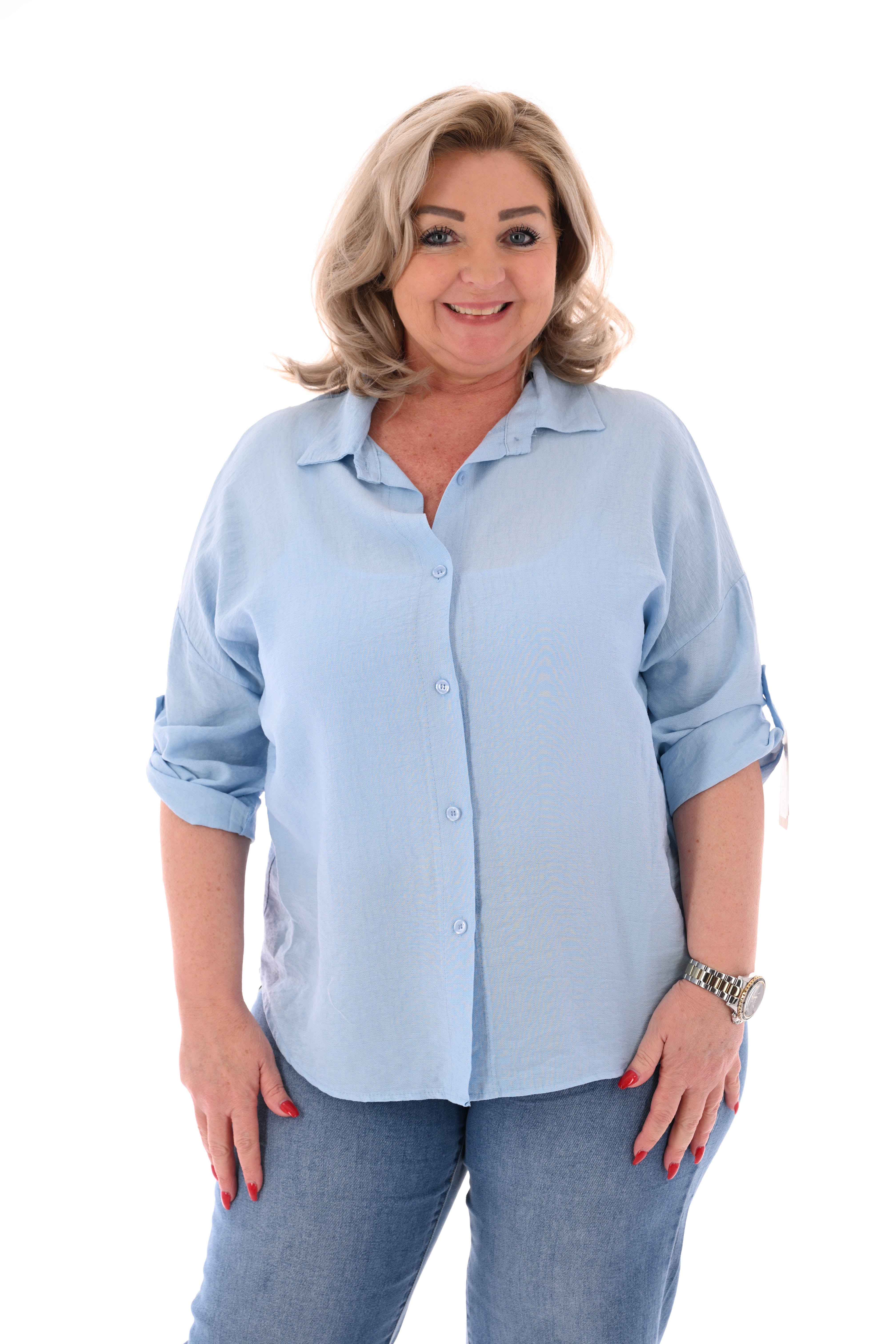 Blouse ophaalmouwen rug detail lichtblauw