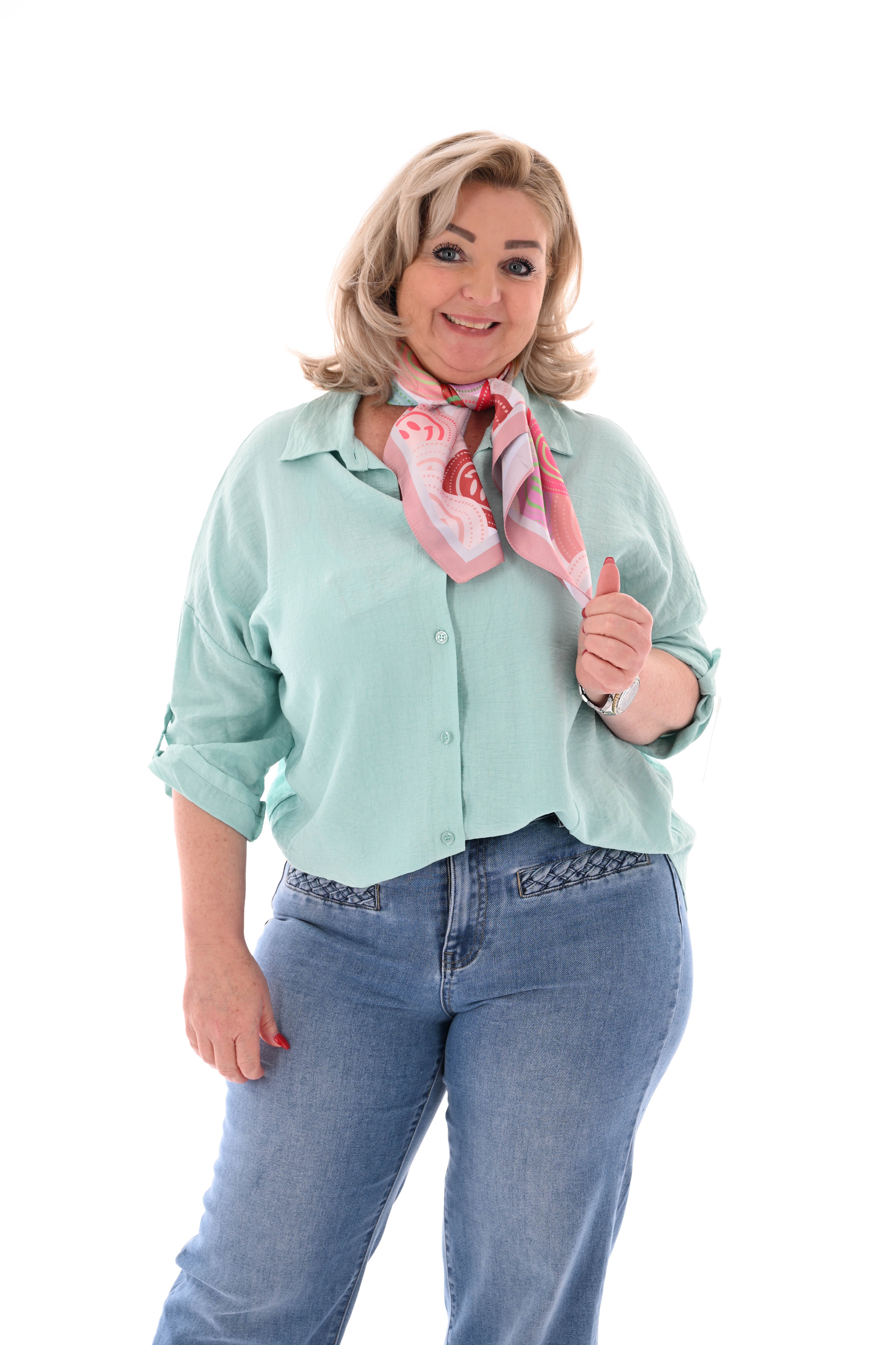 Blouse ophaalmouwen rug detail turquoise