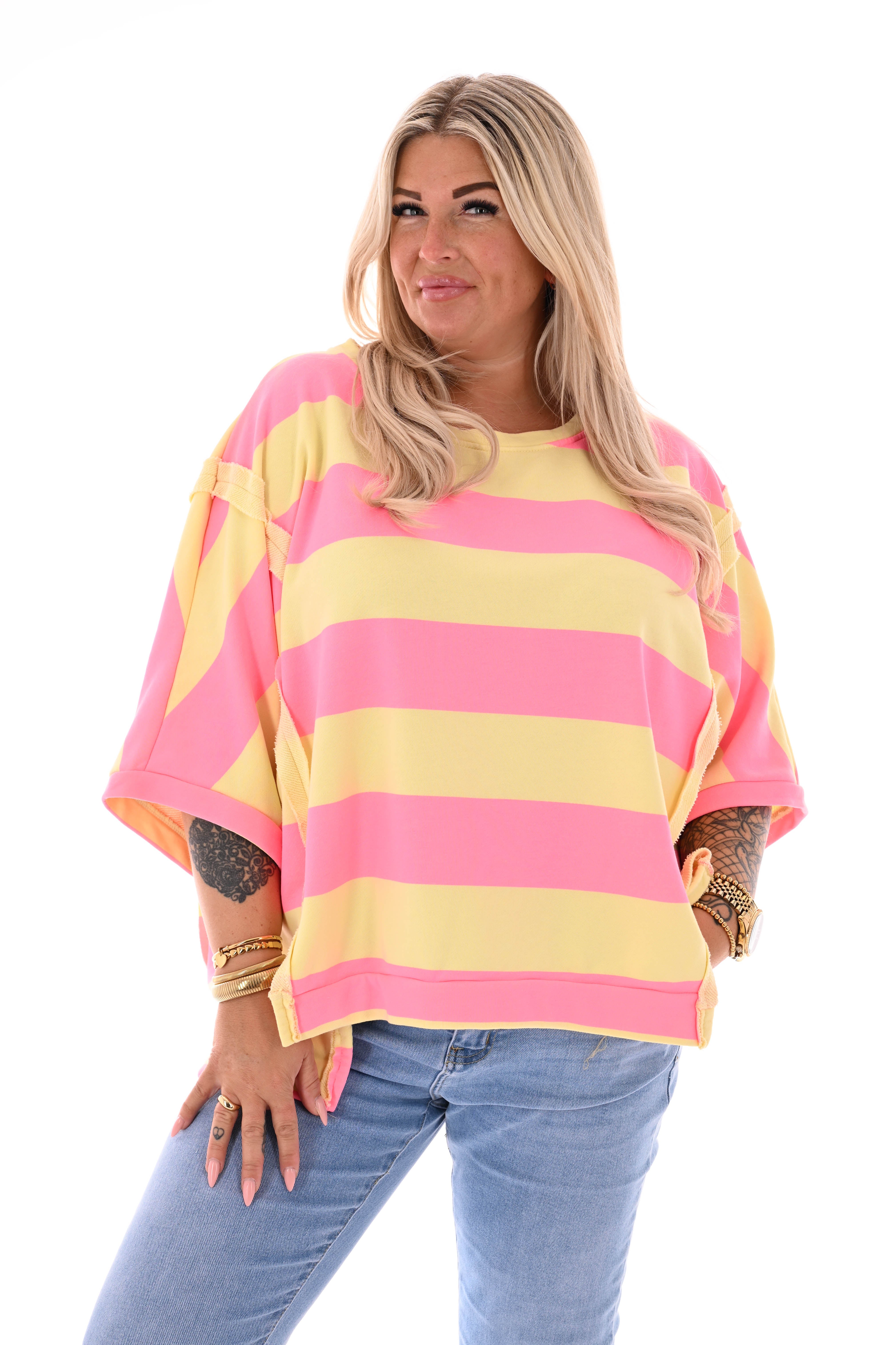 Sweater korte mouwen brede streep geel/lichtroze