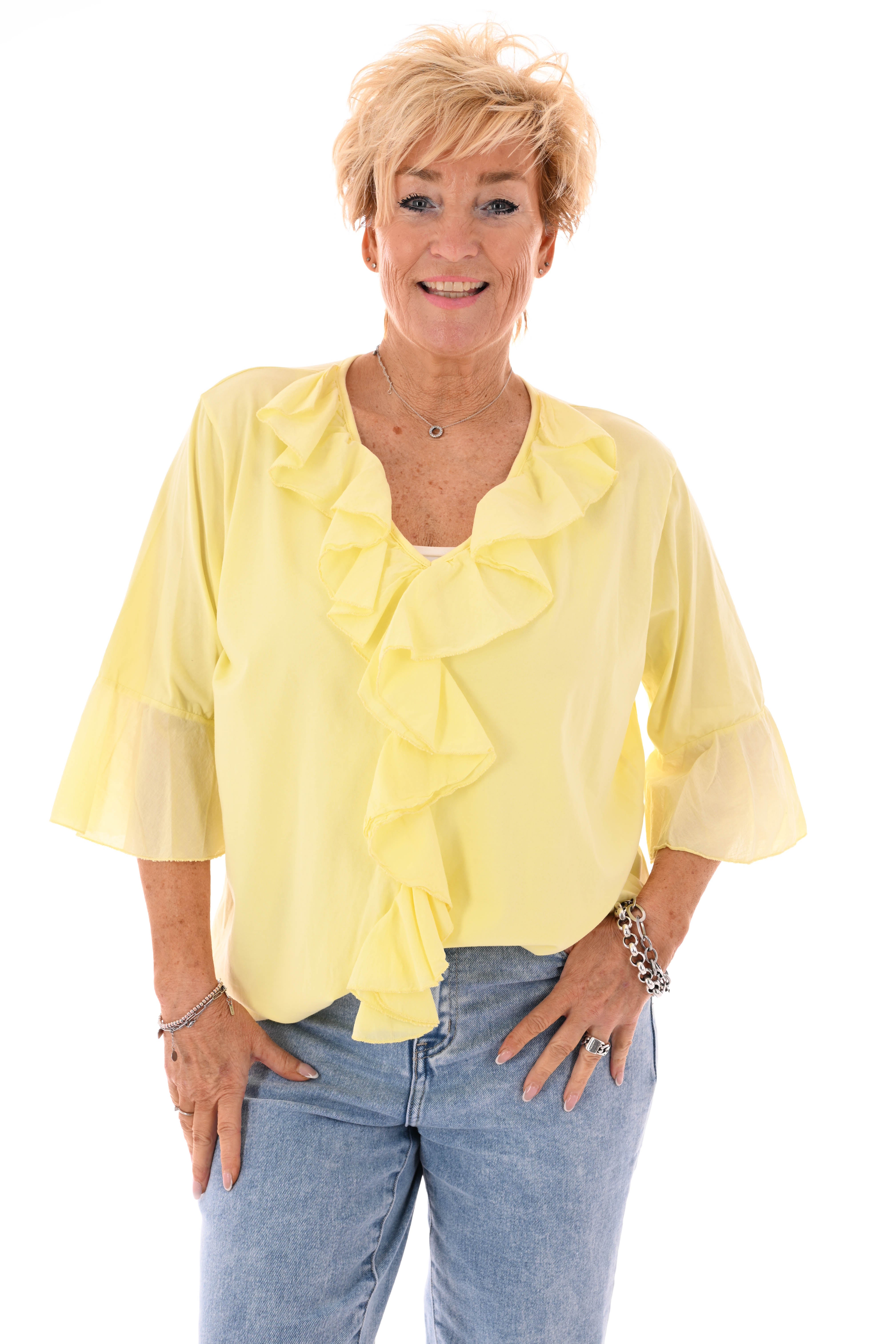 Top 3/4e roezel v-hals lichtgeel