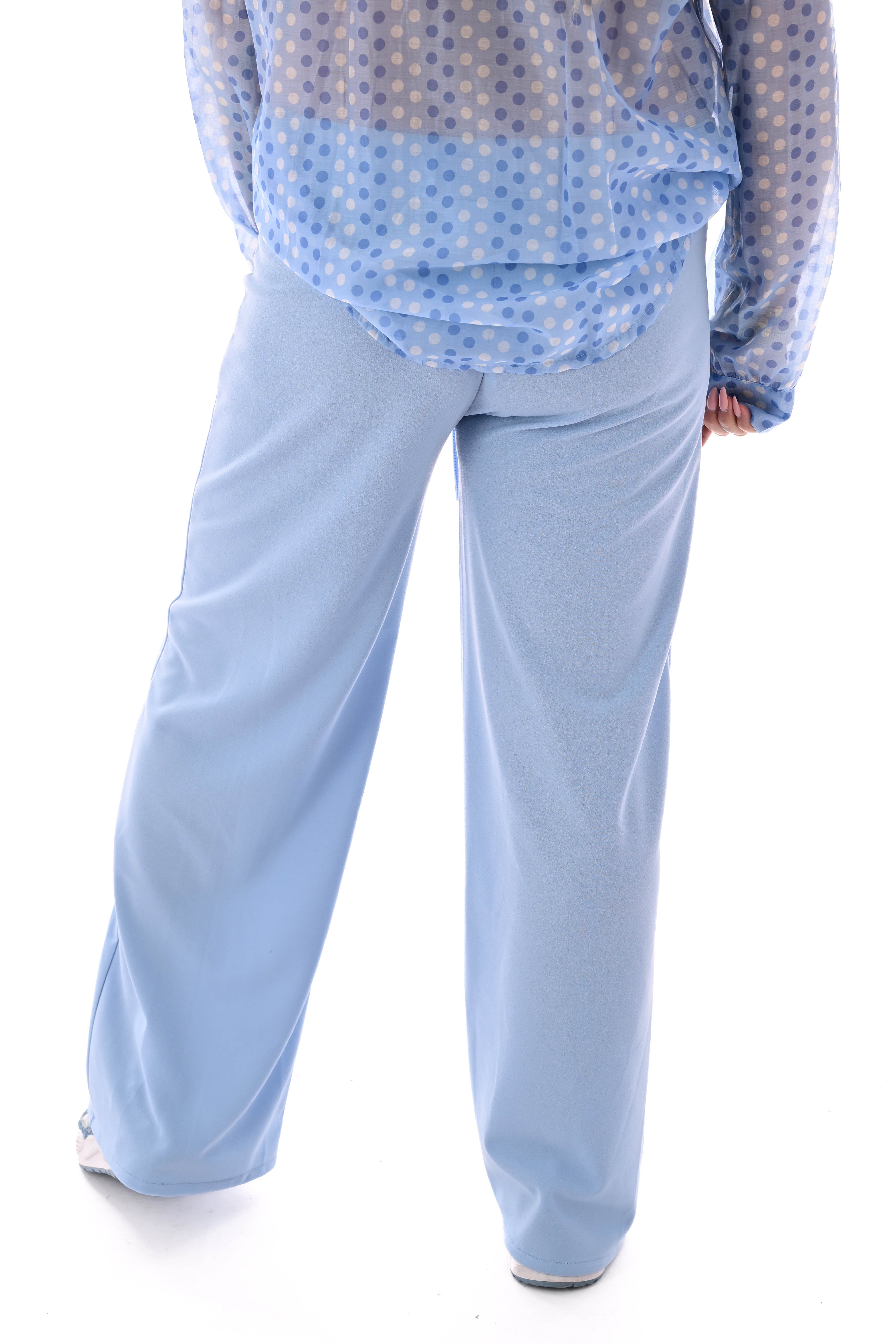 Wijde broek elastieken band met naad uni lichtblauw