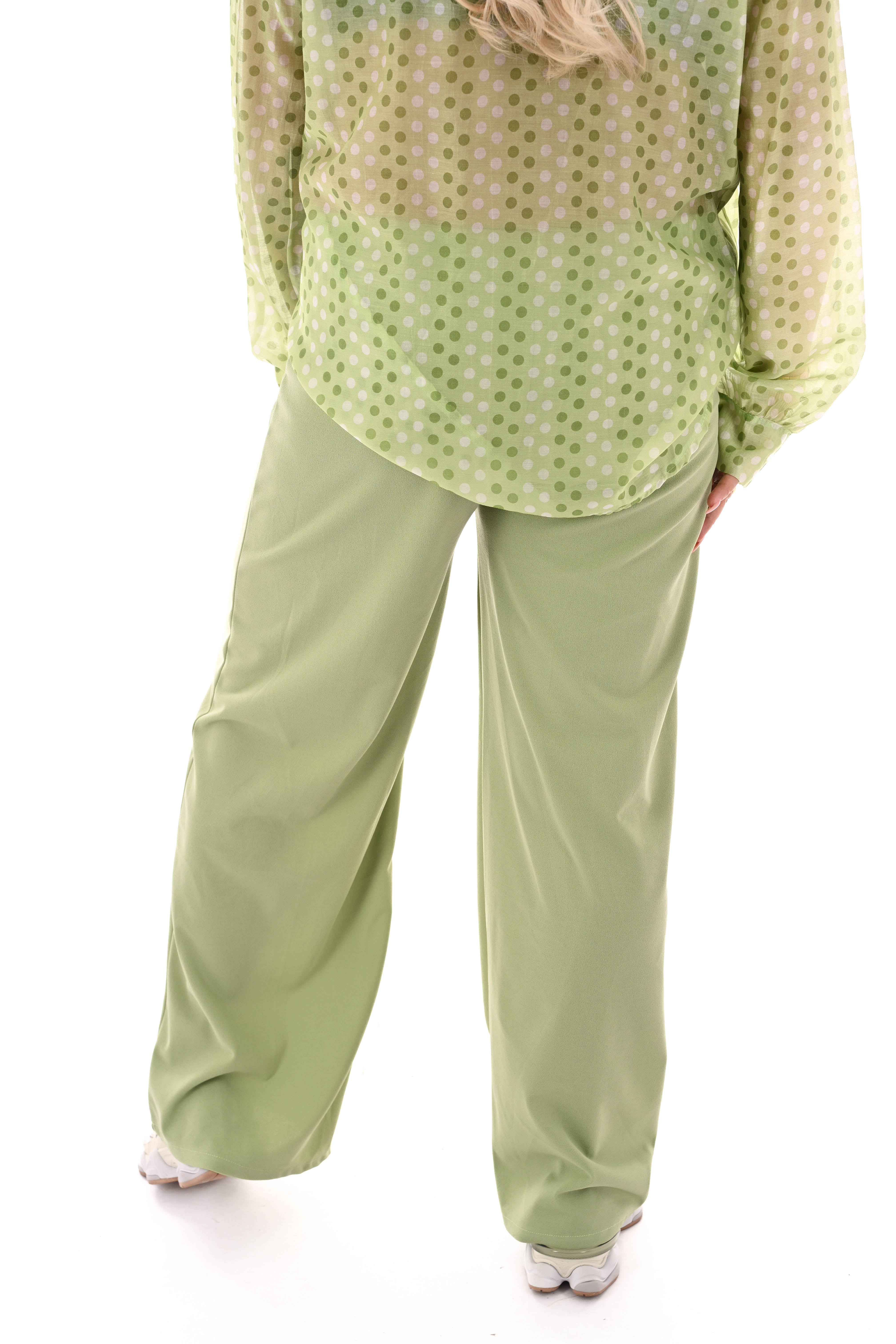 Wijde broek elastieken band met naad uni pistache