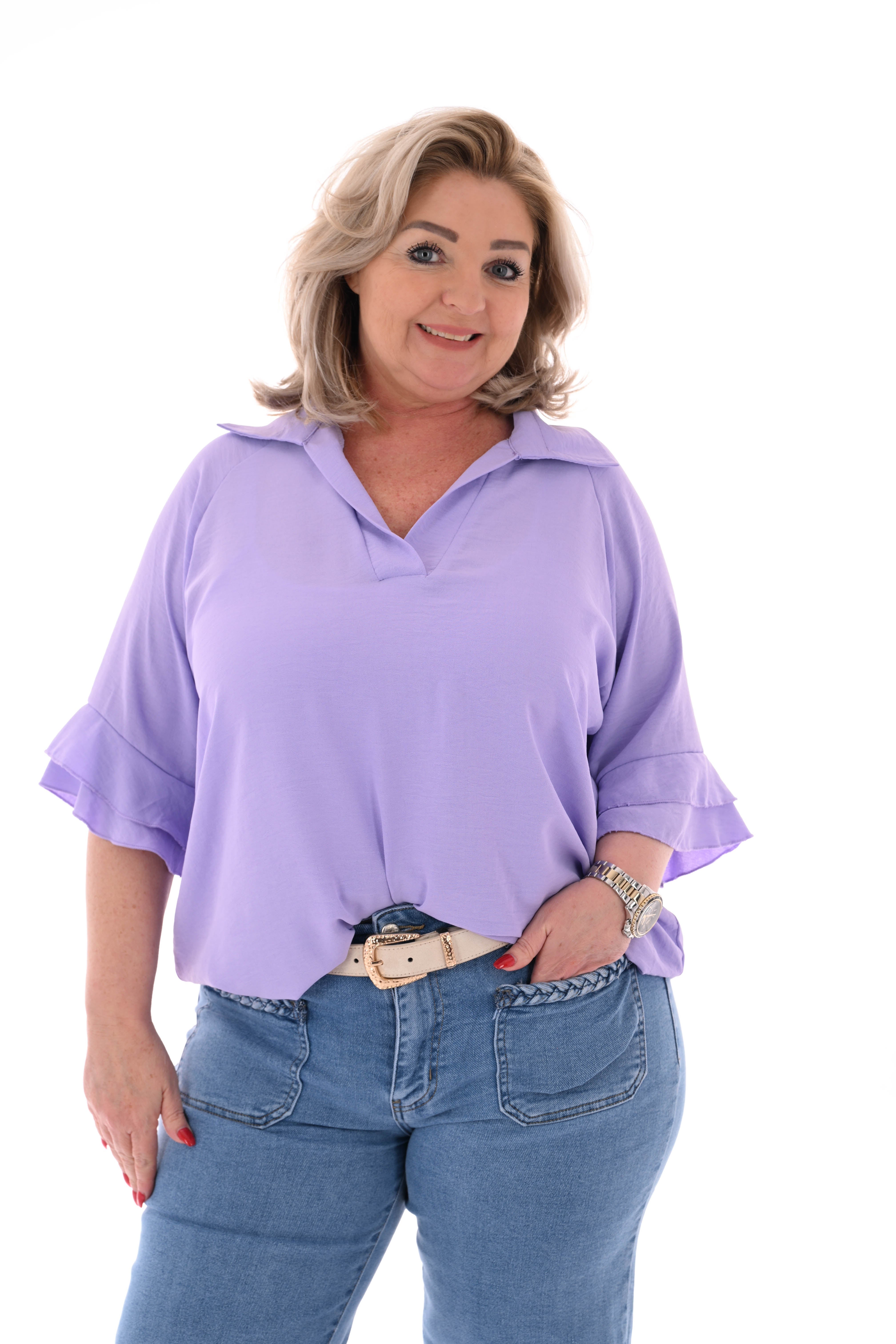 Top v-hals met korte roezelmouwen lila