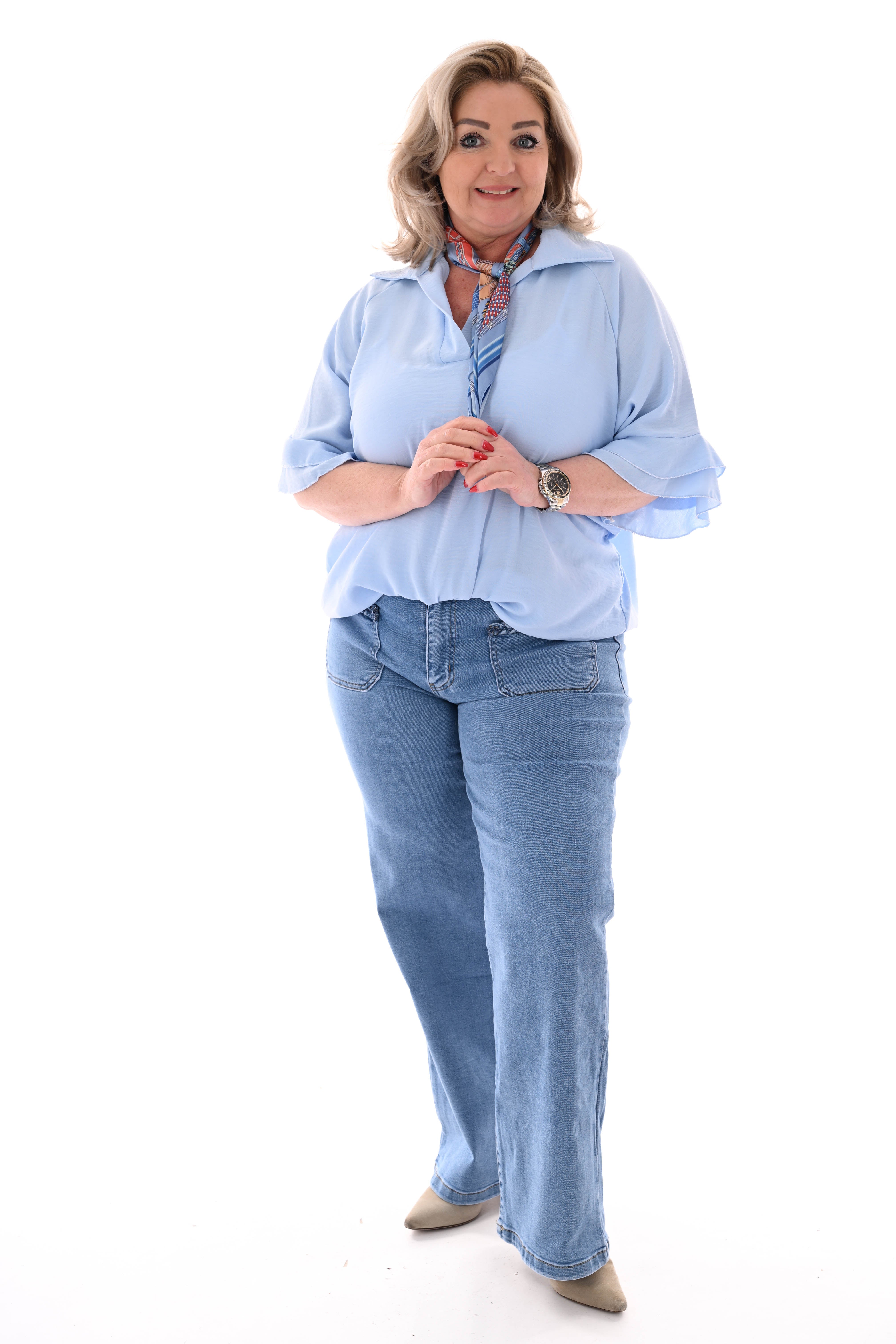 Top v-hals met korte roezelmouwen lichtblauw