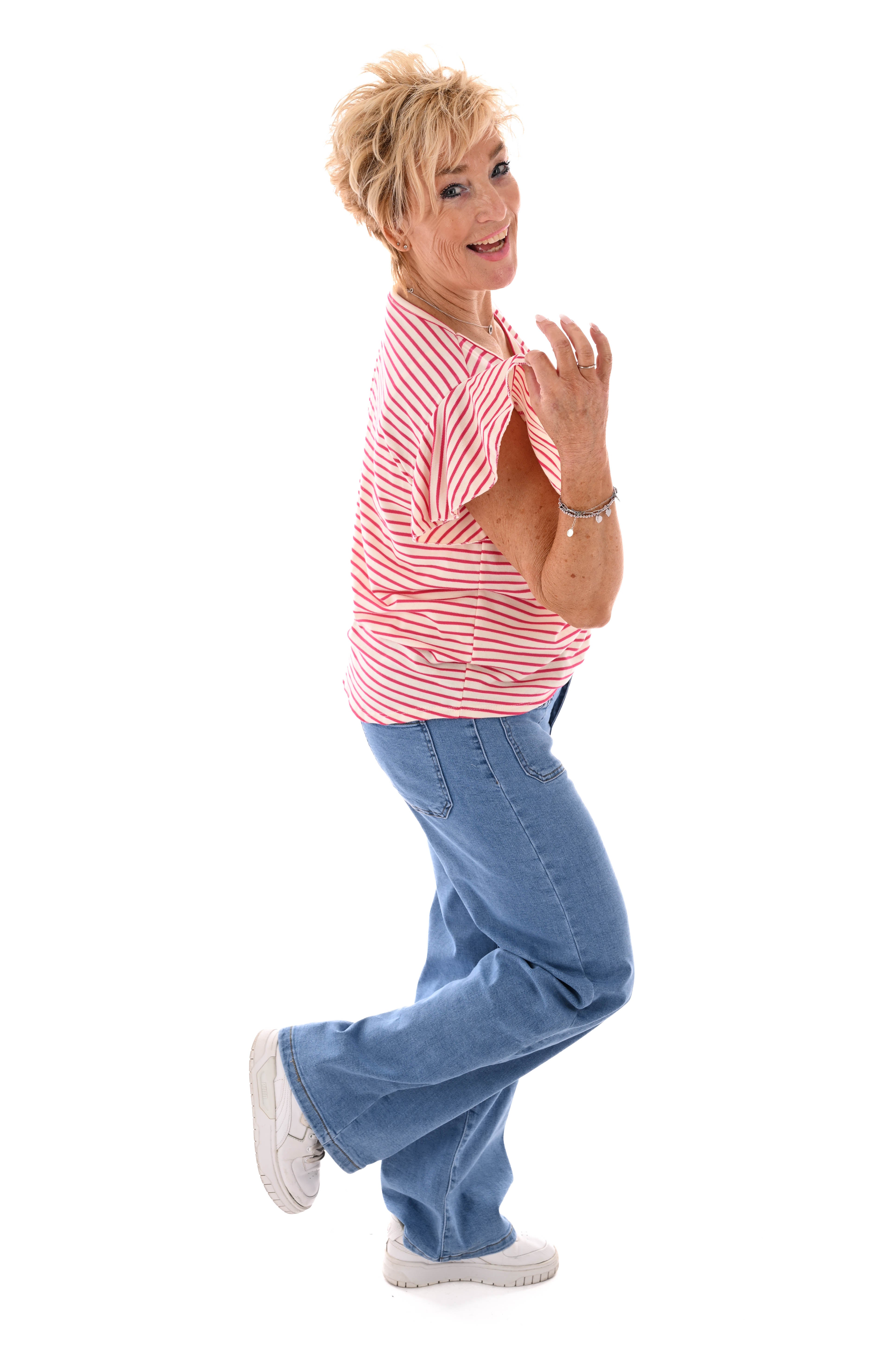 T-shirt ronde hals streepjes donkerroze