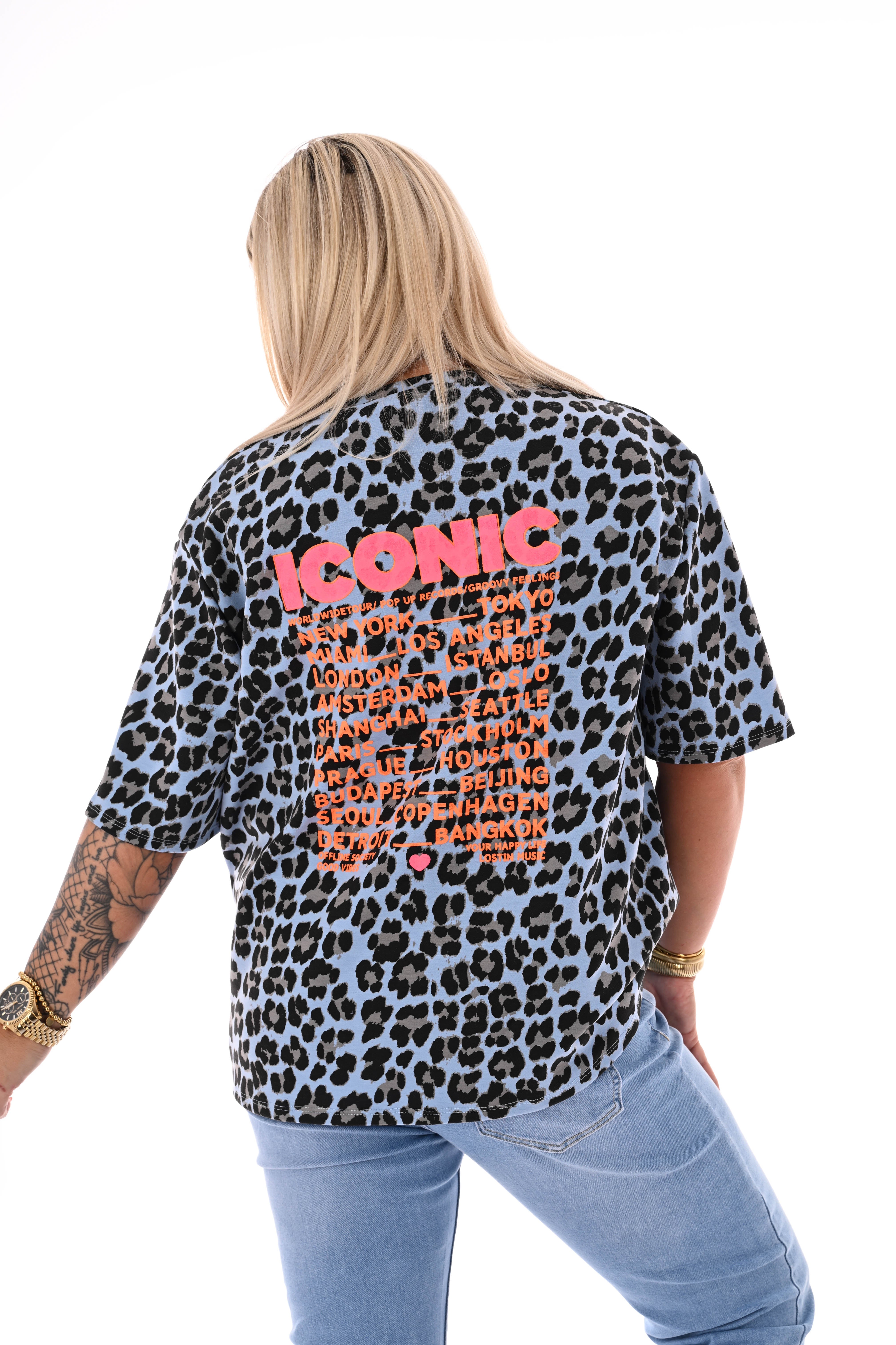 Sweater korte mouwen panterprint Iconic lichtblauw