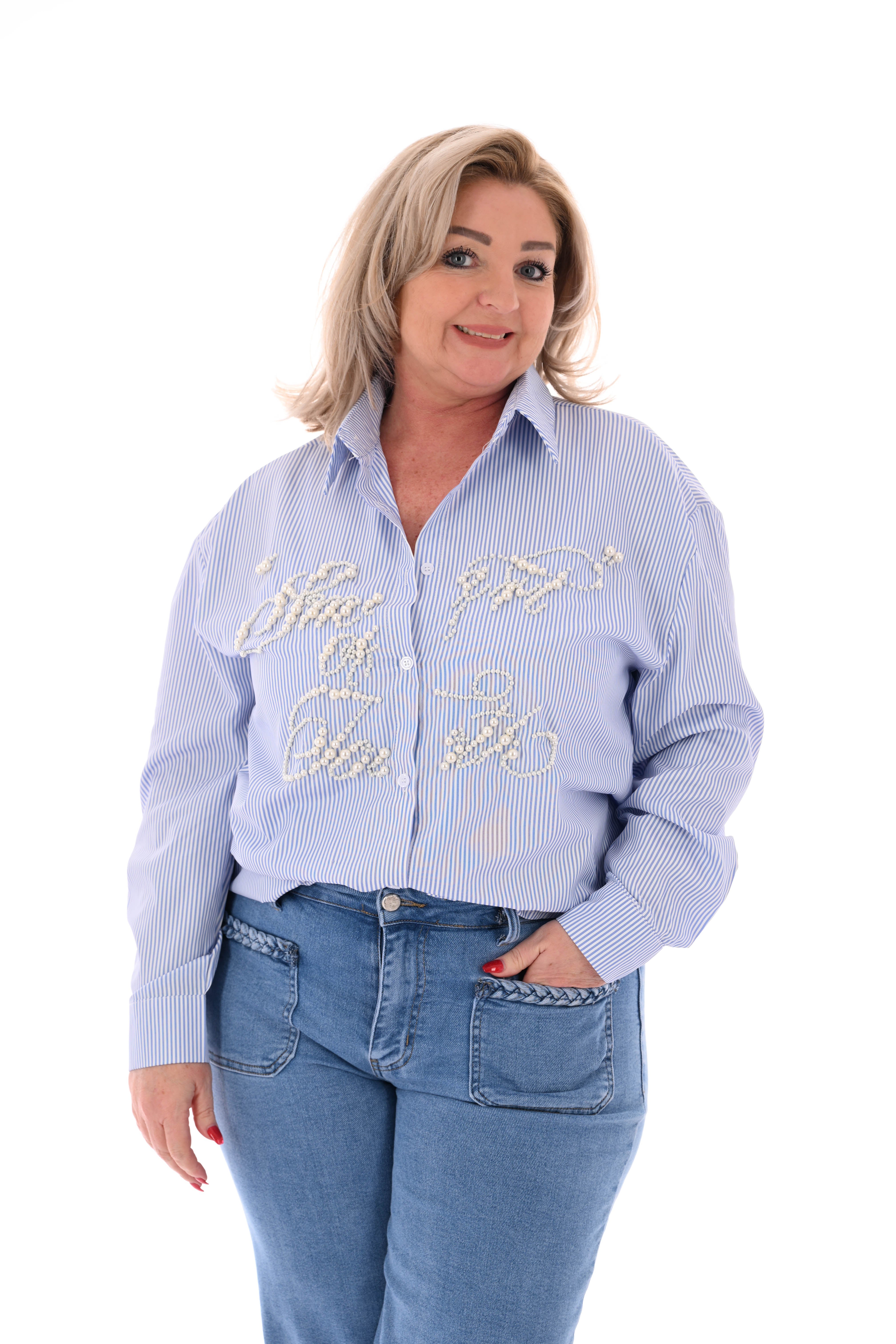 Blouse streepjes en parels lichtblauw