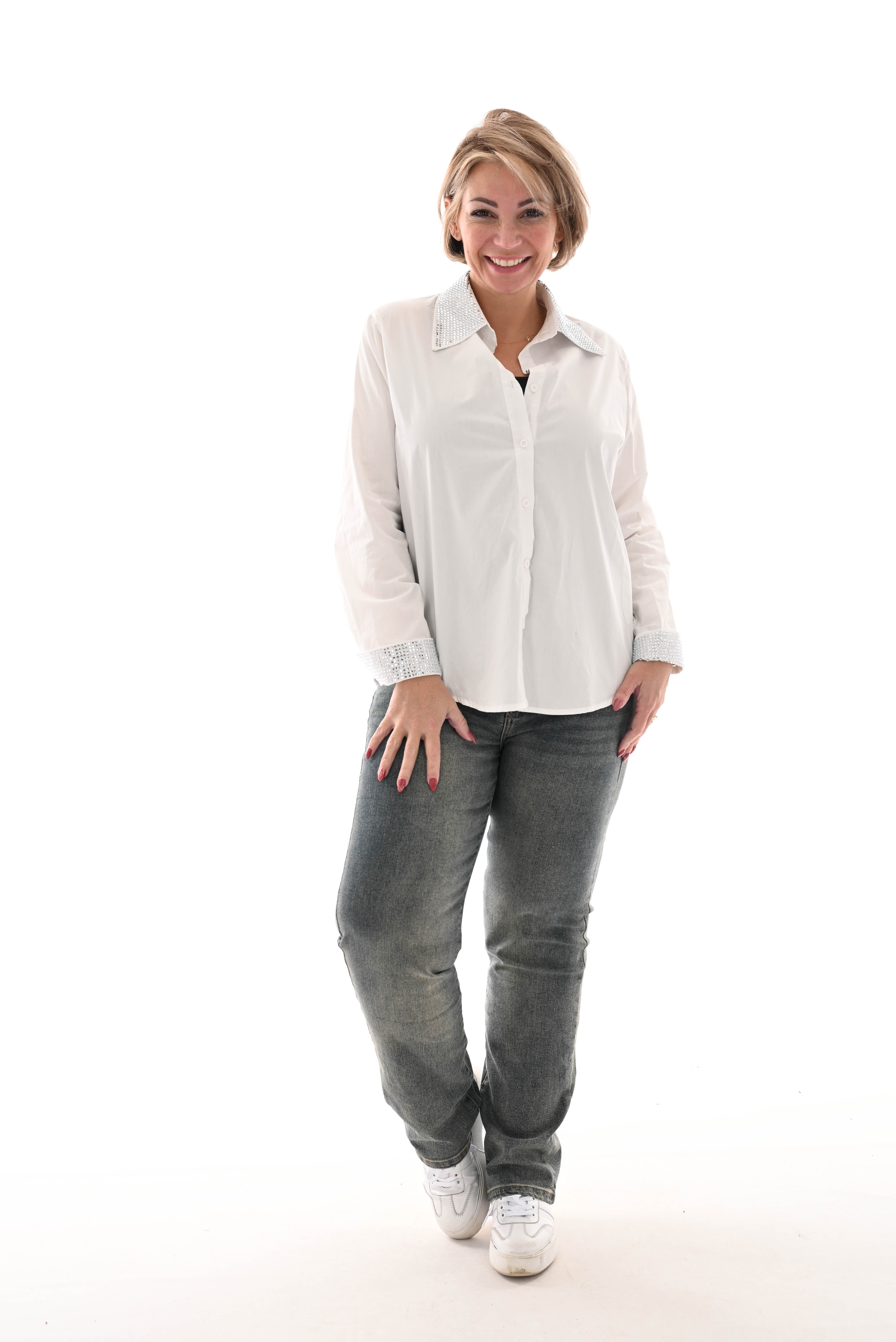 Blouse strass kraag wit