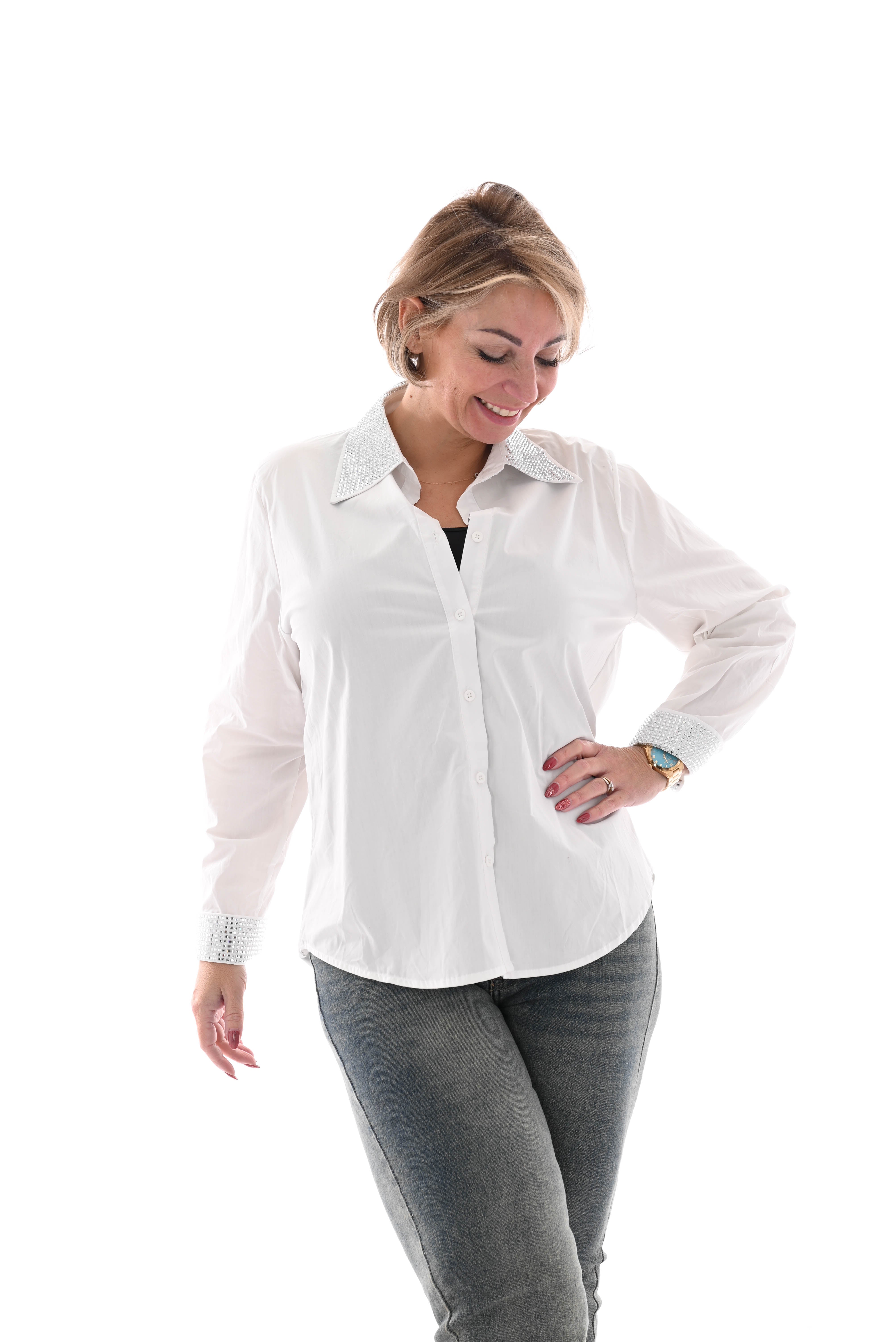 Blouse strass kraag wit