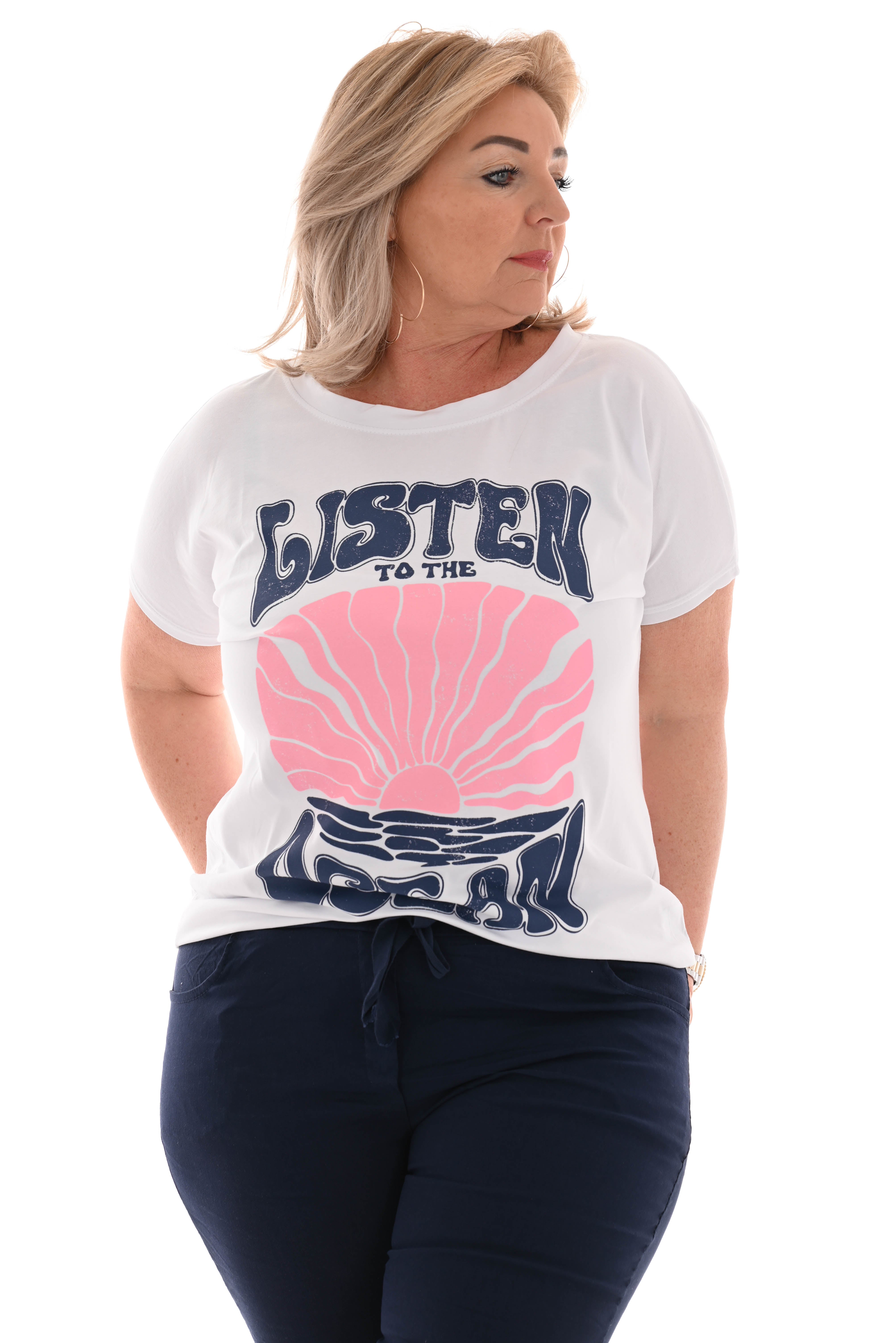 T-shirt Listen to the ocean blauw