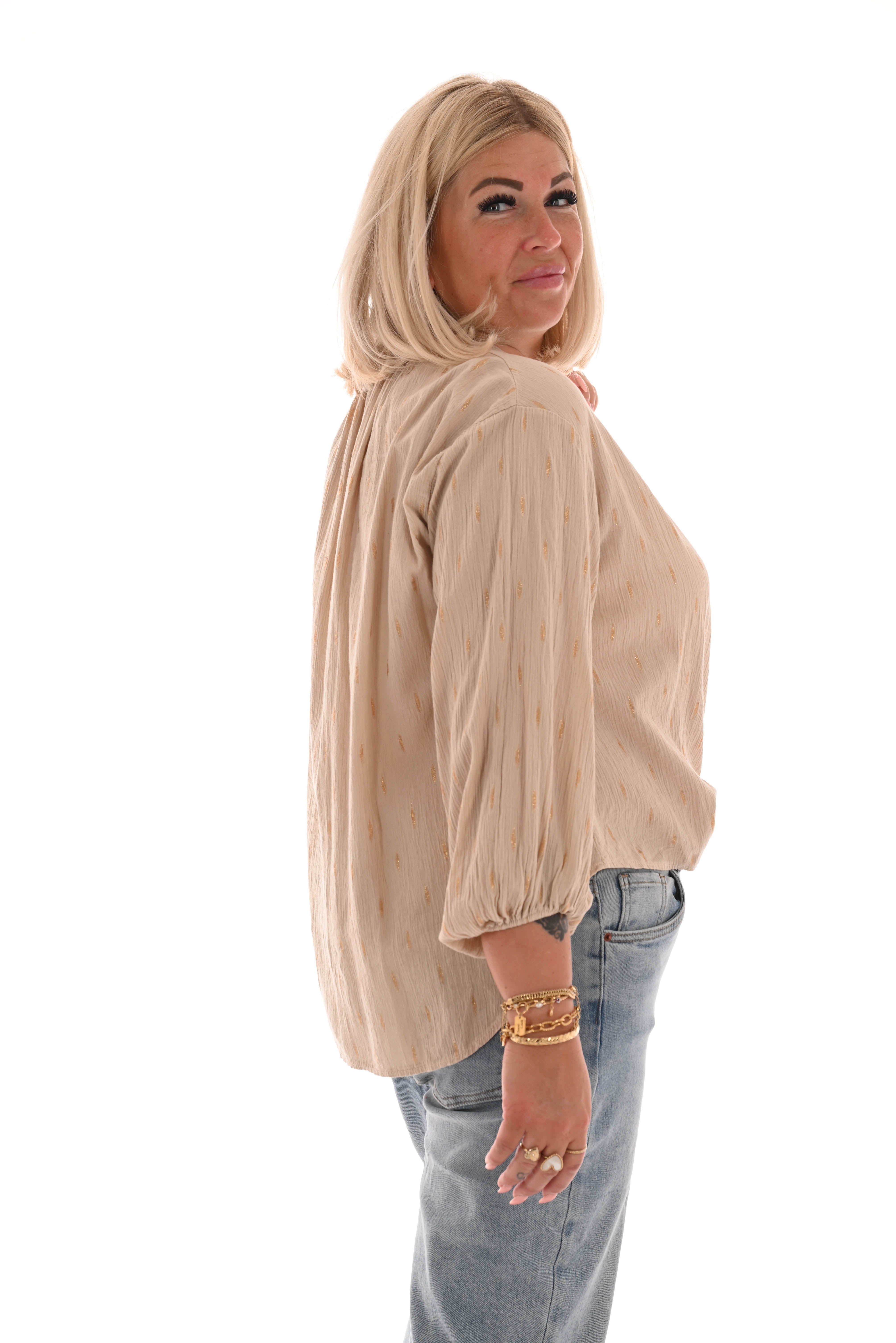 Top v-hals geknoopt gouden vegen beige