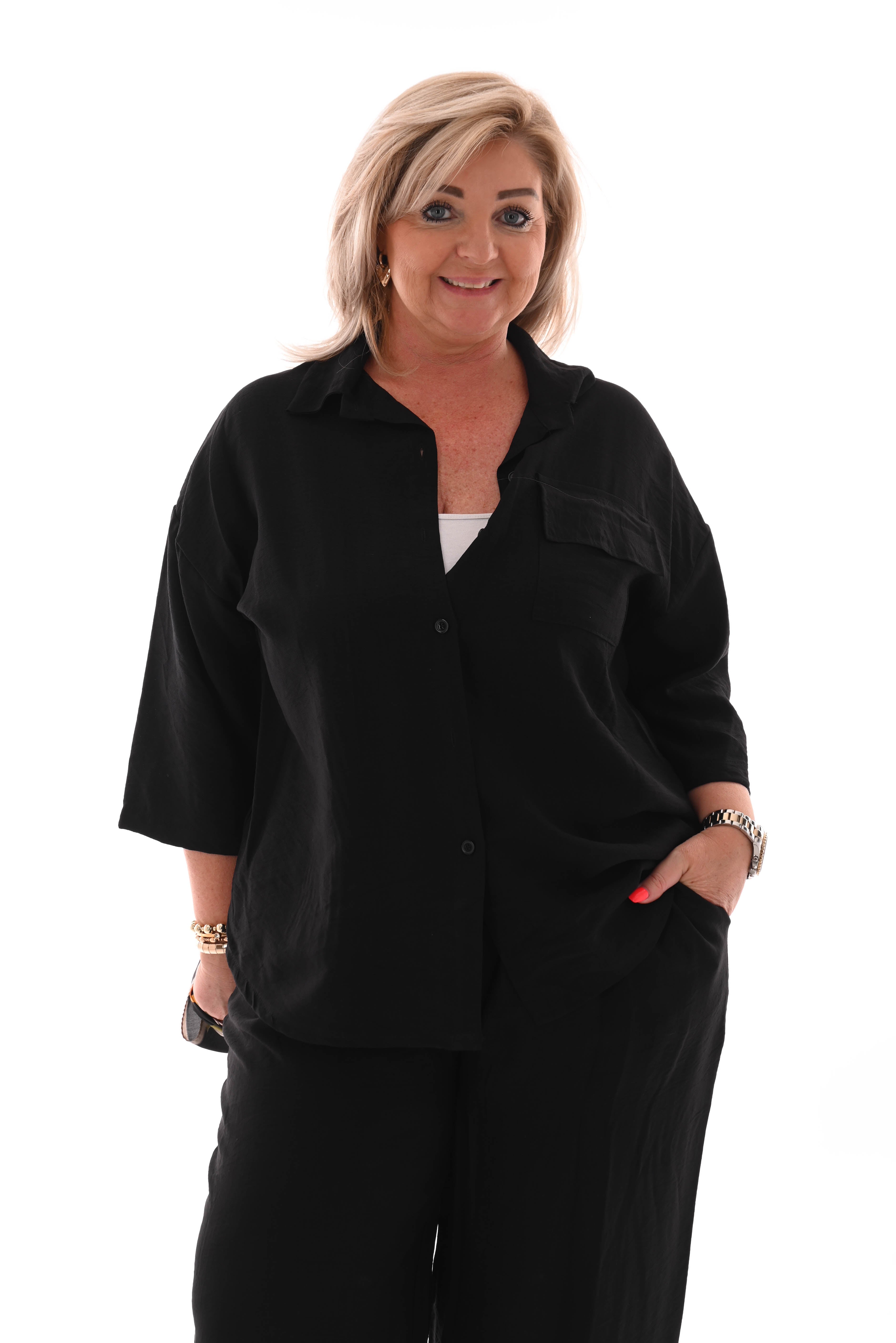 Tweedelig set blouse met borstzak uni zwart