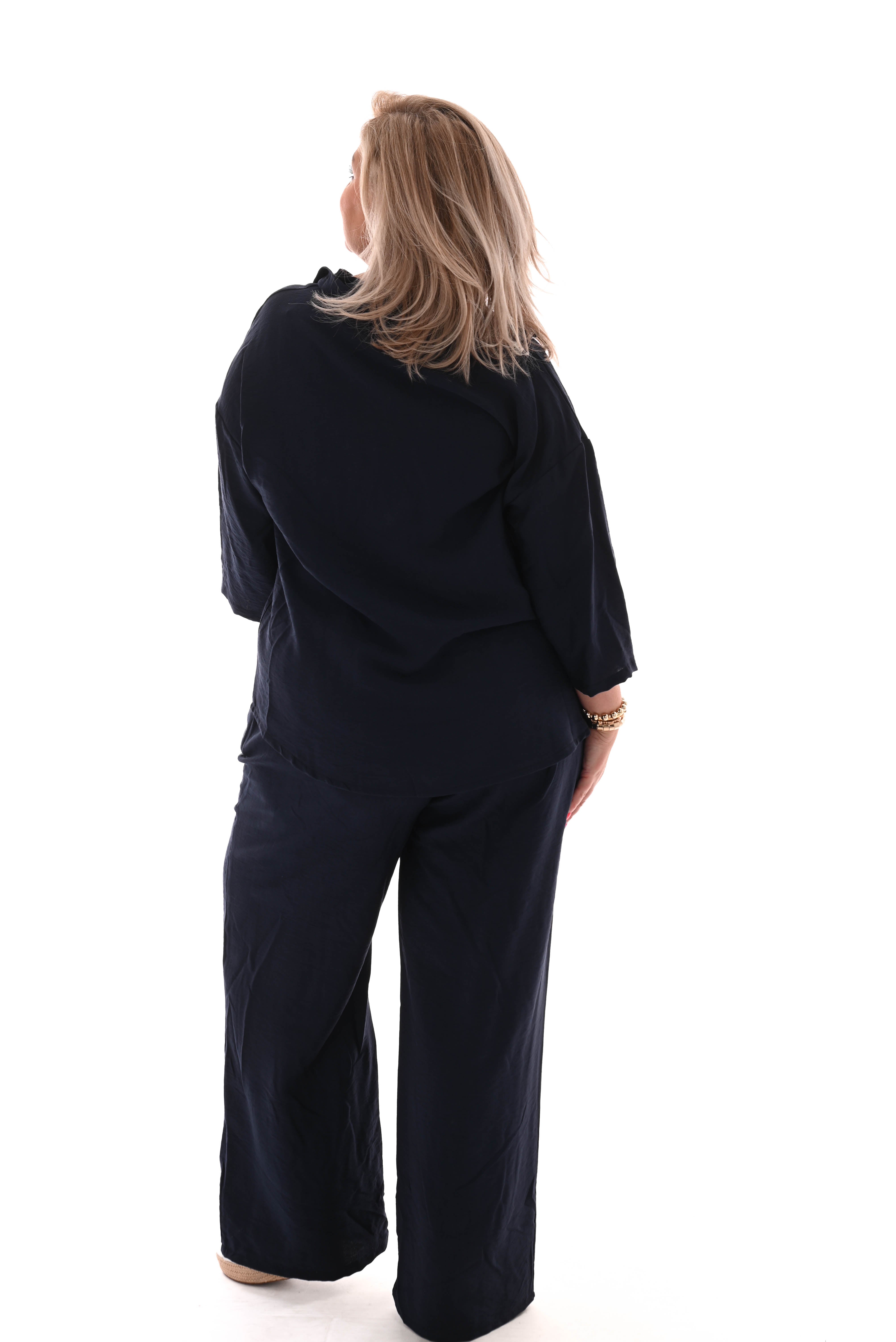 Tweedelig set blouse met borstzak uni marineblauw