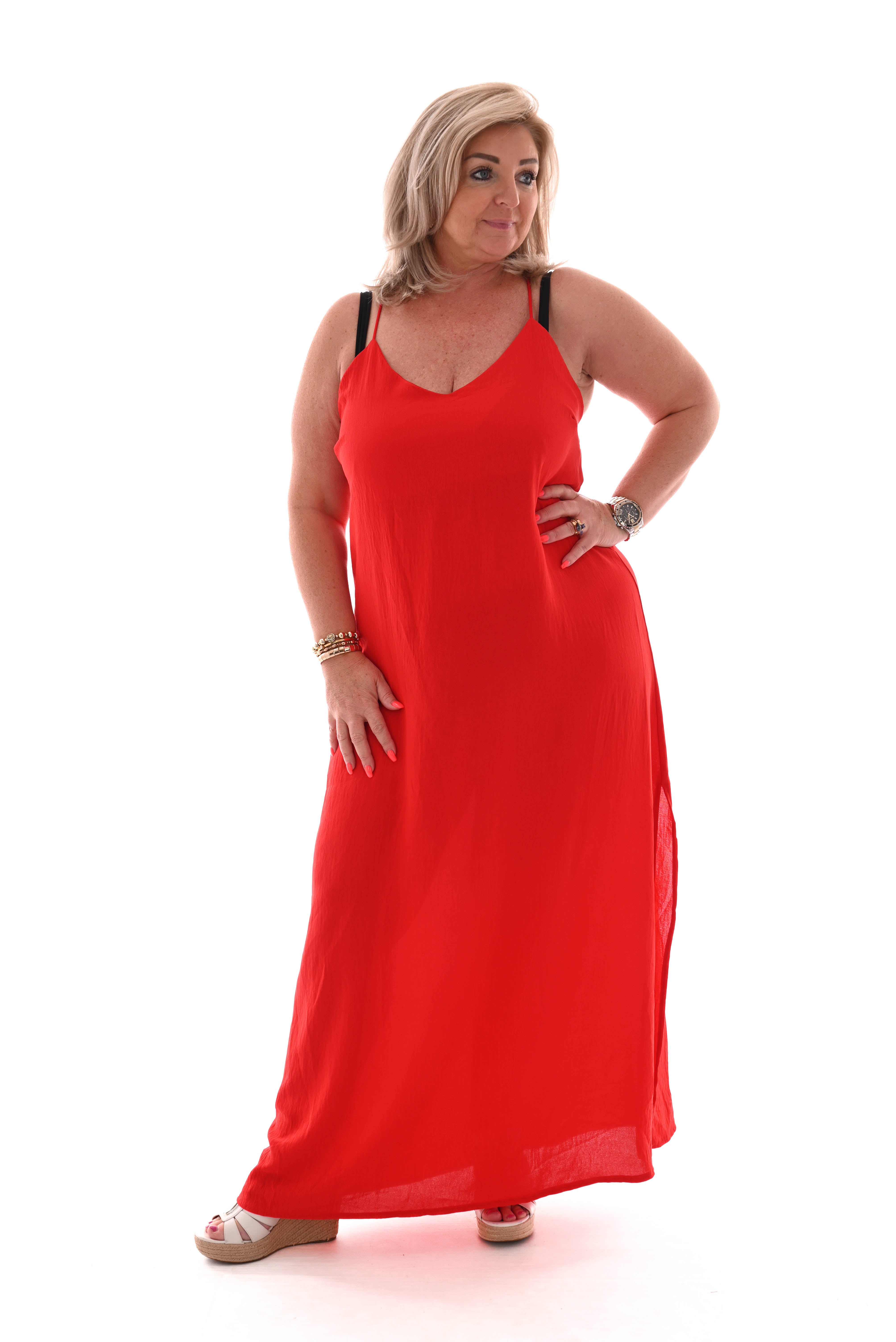 Jurk spaghetti bandjes met split uni rood