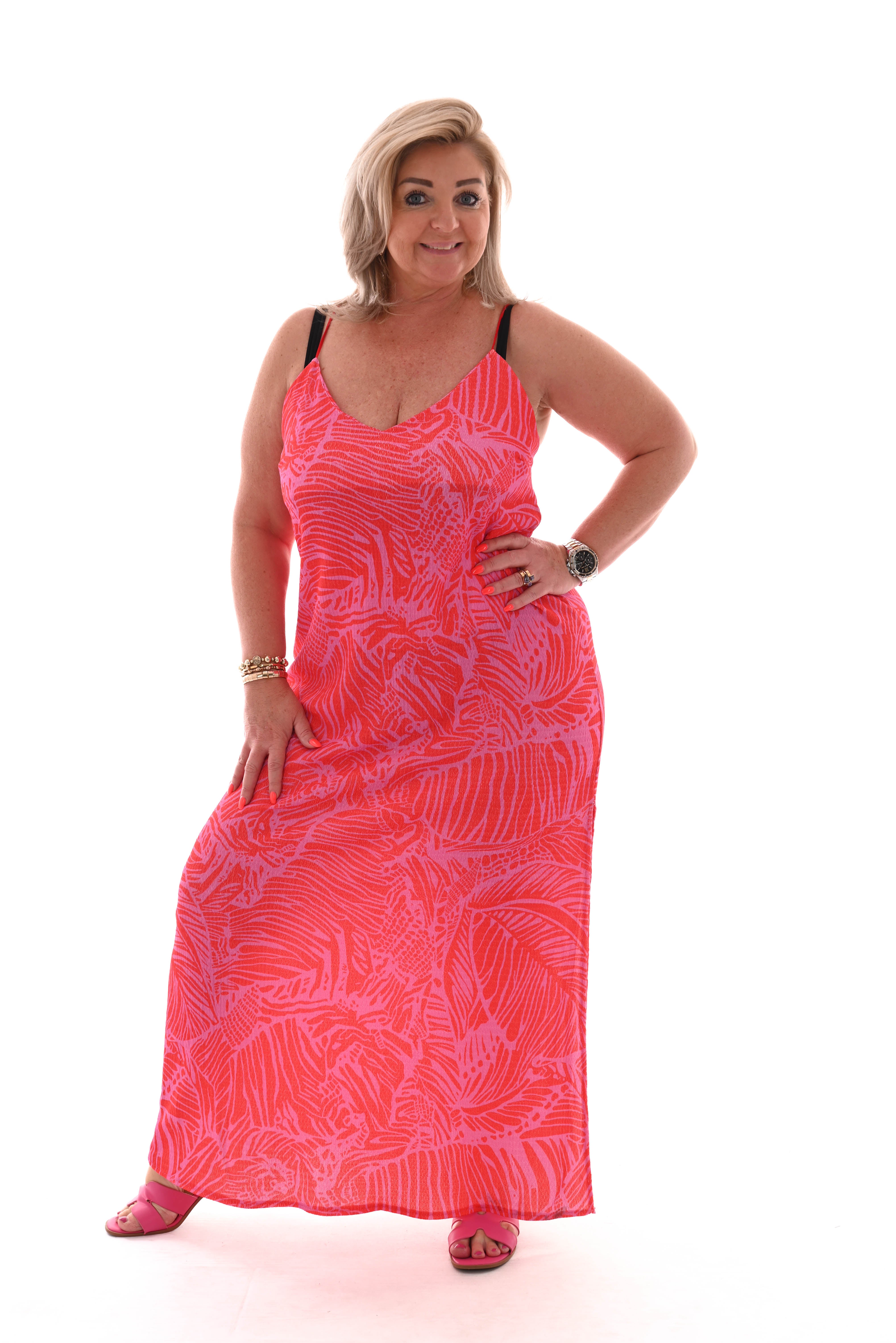Lange jurk spaghetti bandjes met split print blad roze/rood