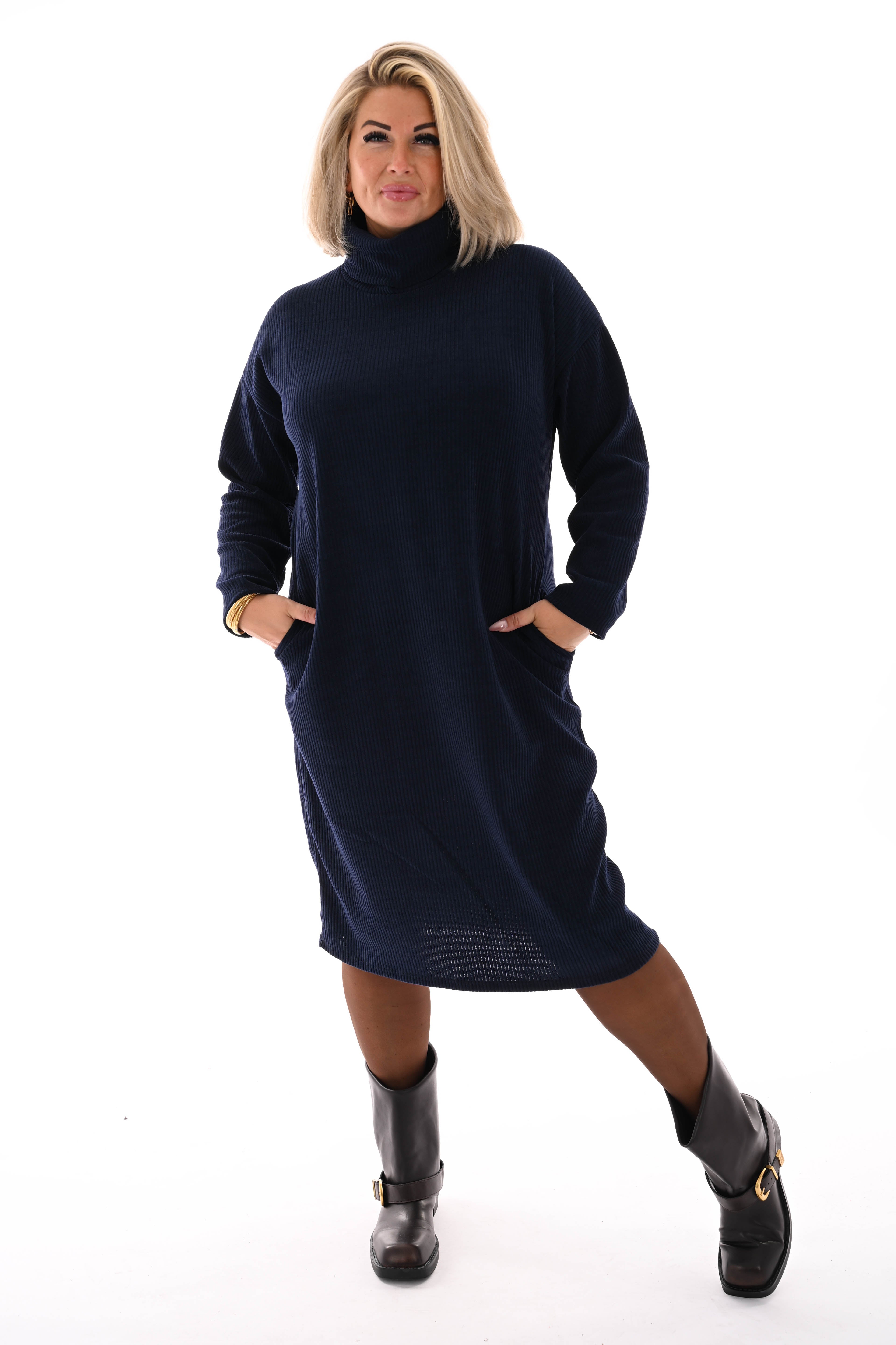 Jurk rib met col marineblauw