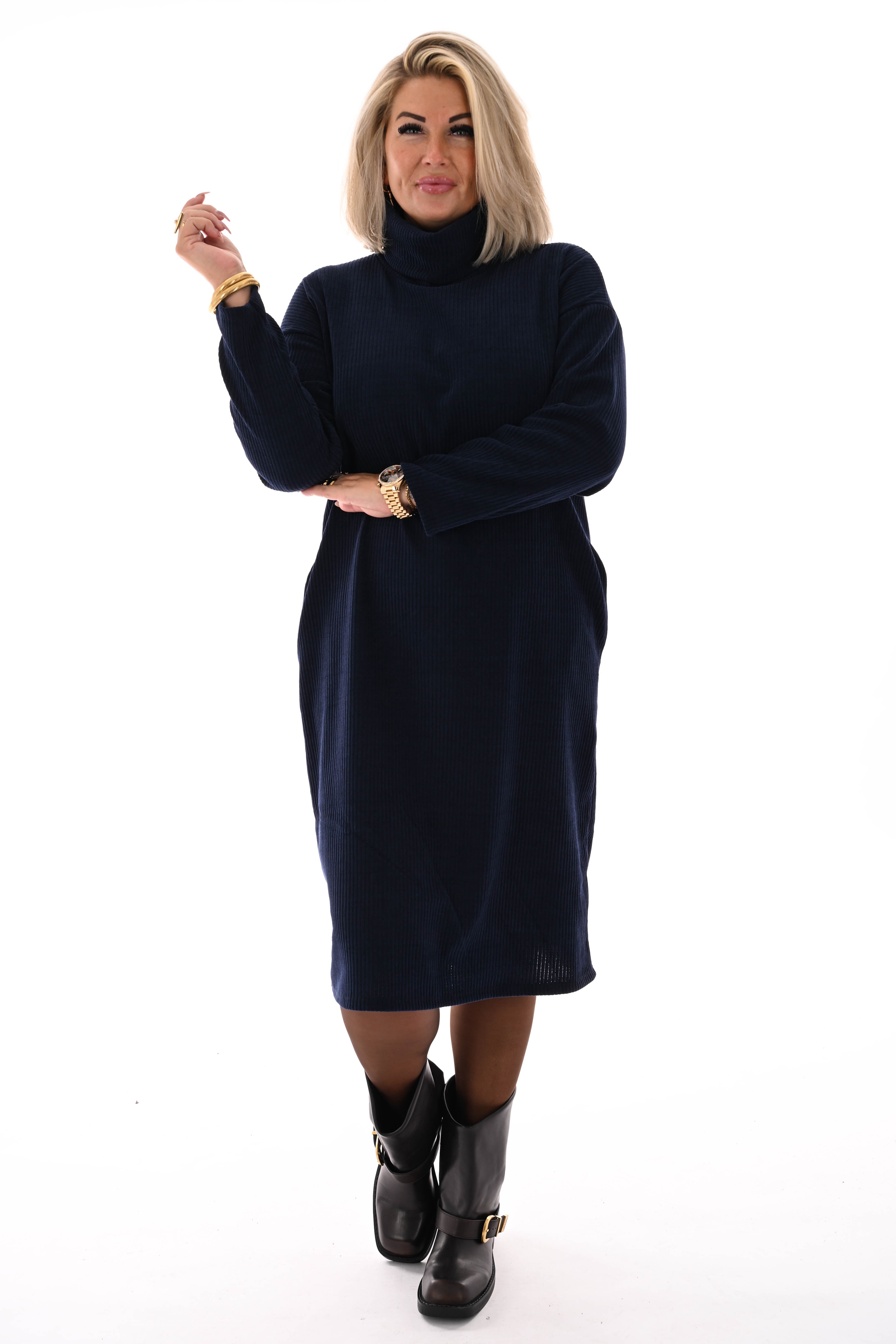 Jurk rib met col marineblauw