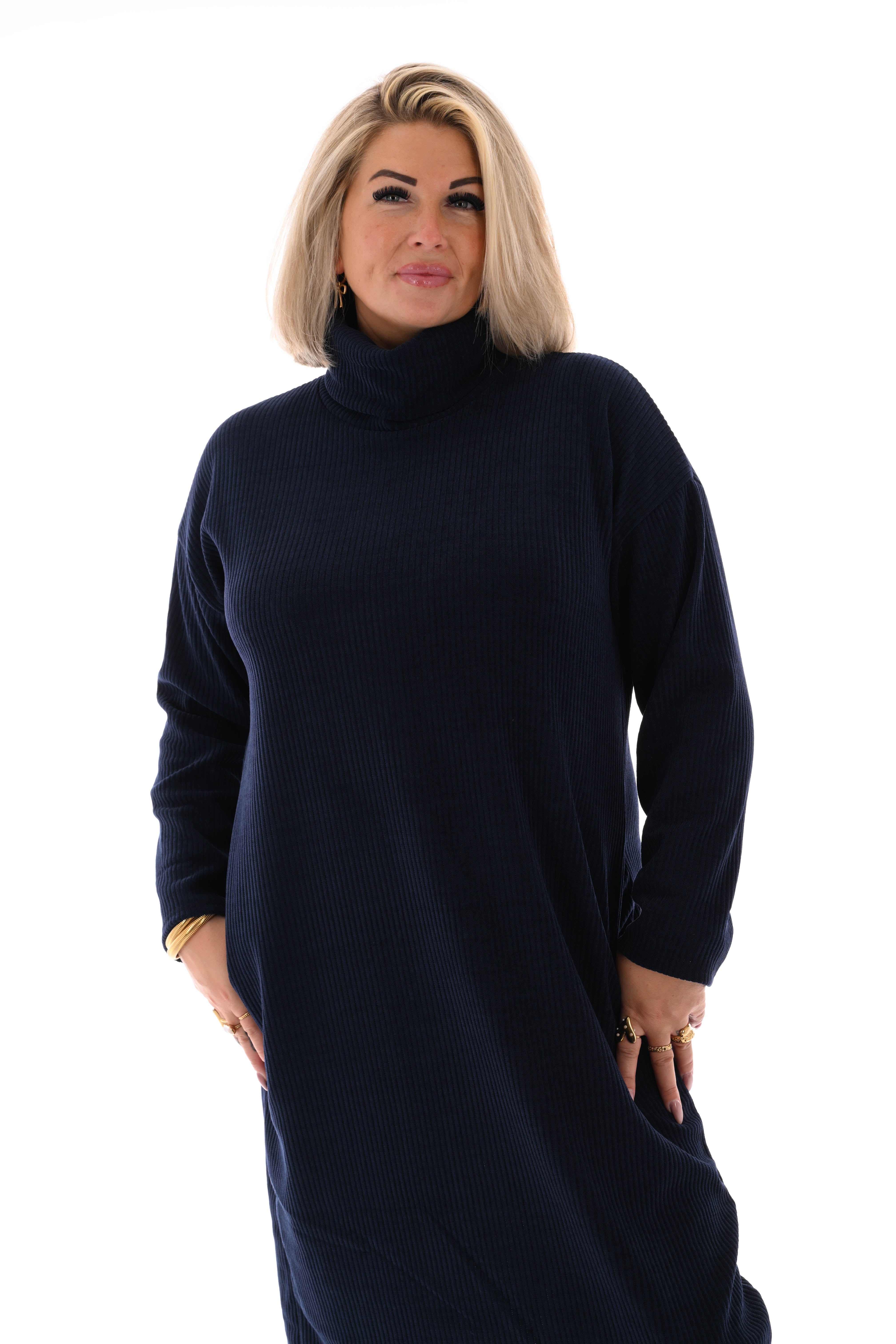 Jurk rib met col marineblauw