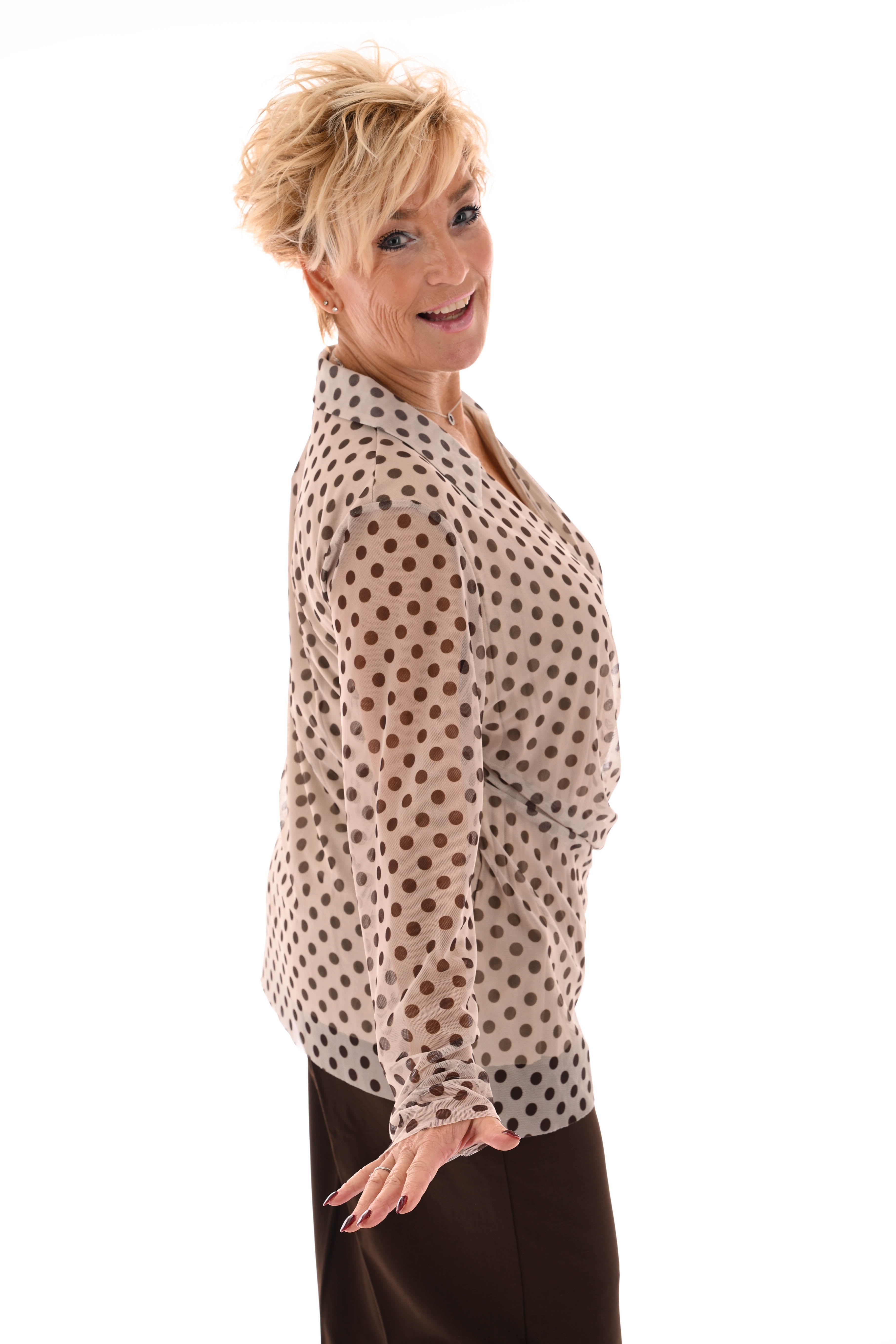 Top v-hals dots met strik beige