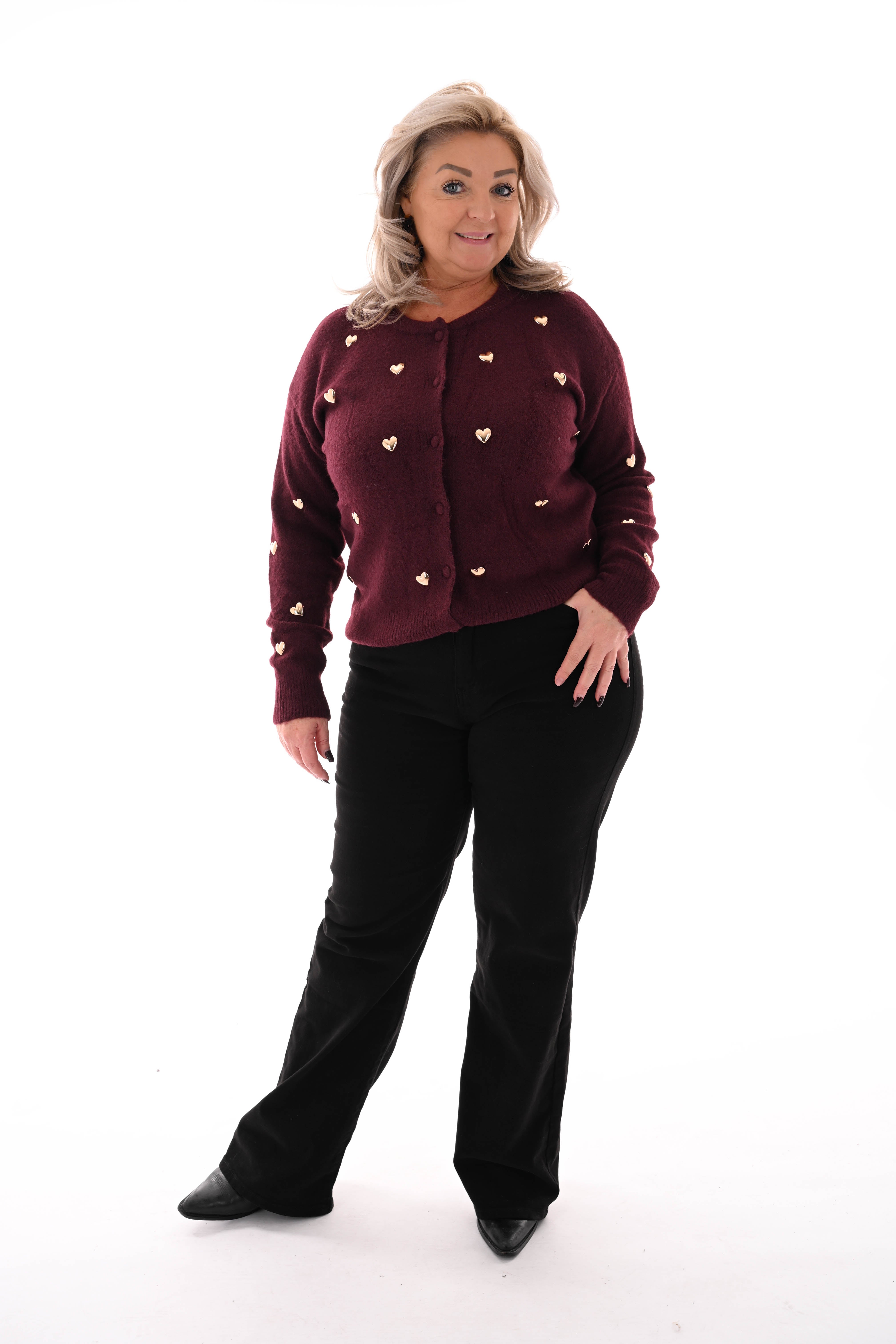 Kort vest hartjes ronde hals aubergine