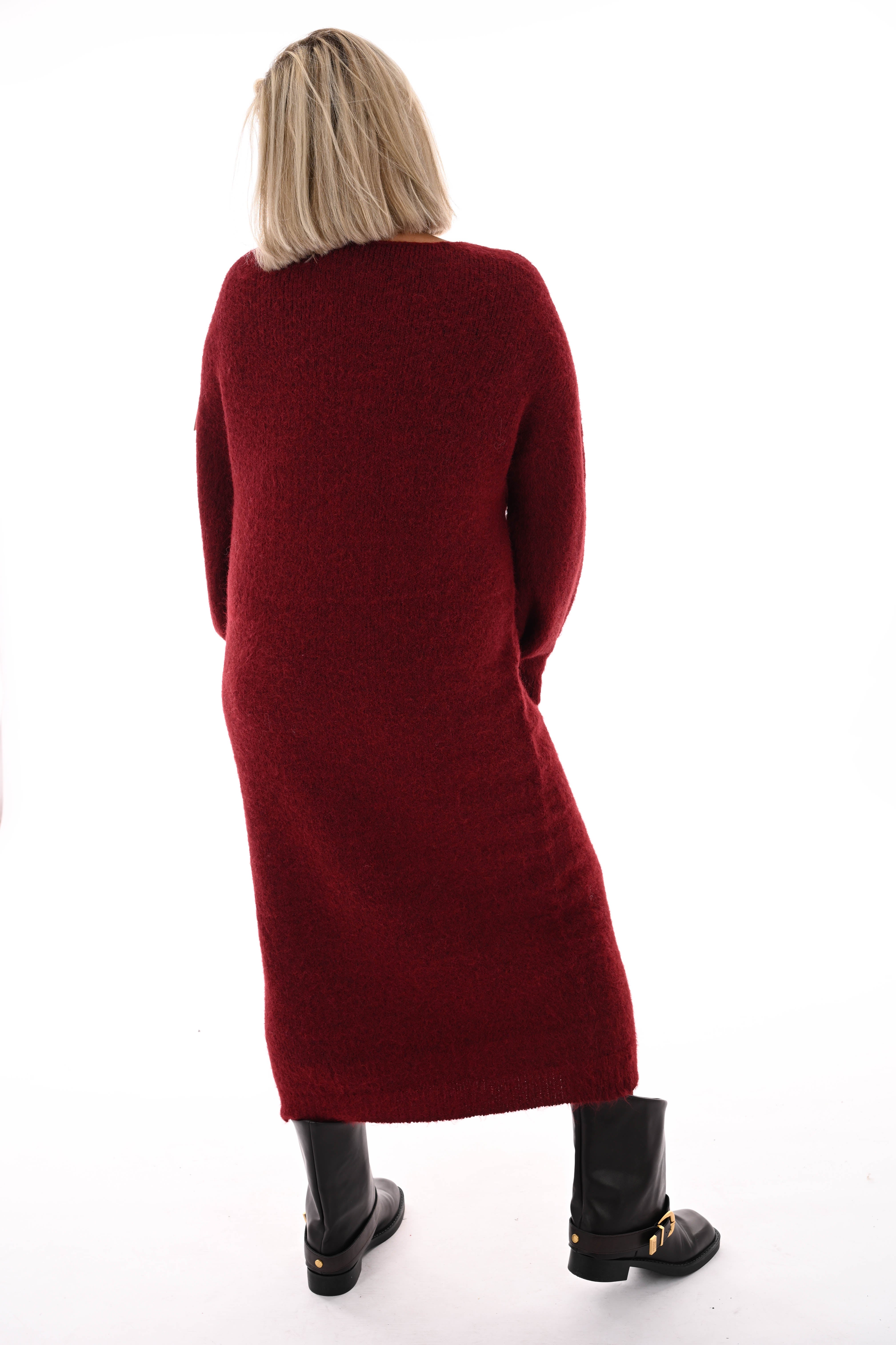 Jurk lang fijn gebreid v-hals bordeaux