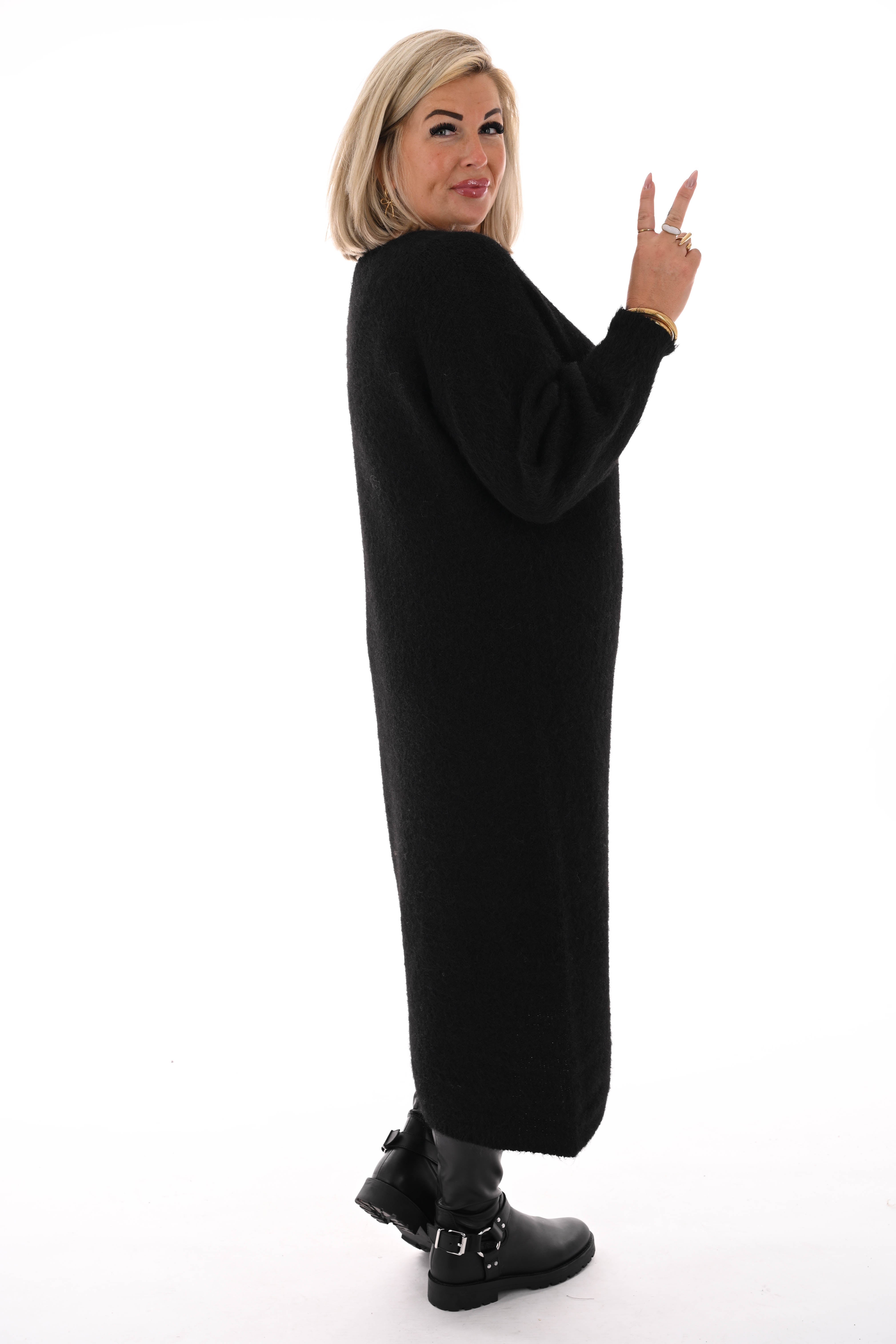 Jurk lang fijn gebreid v-hals zwart