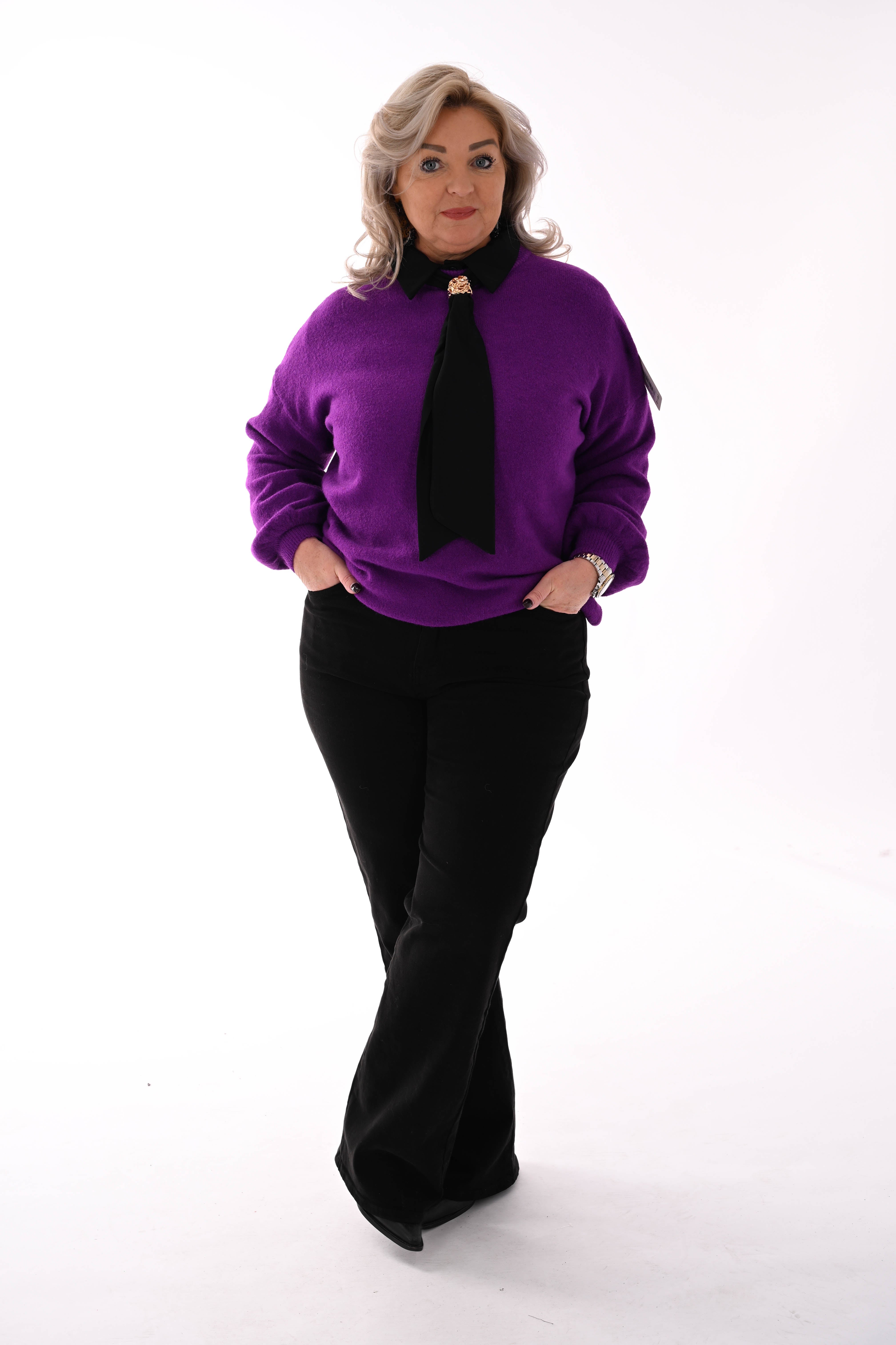 Fijn gebreide trui ronde hals uni paars