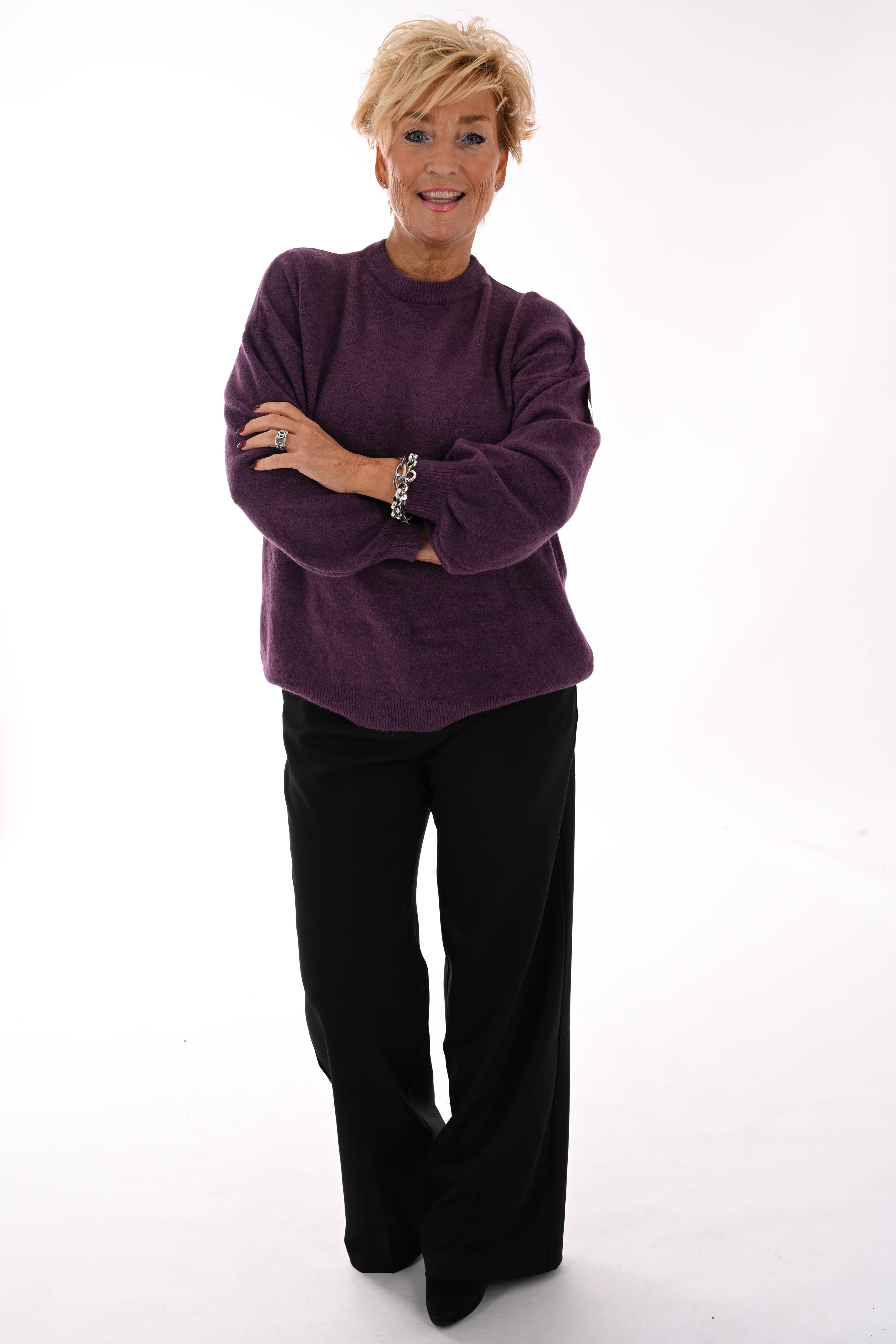 Fijn gebreide trui ronde hals uni aubergine