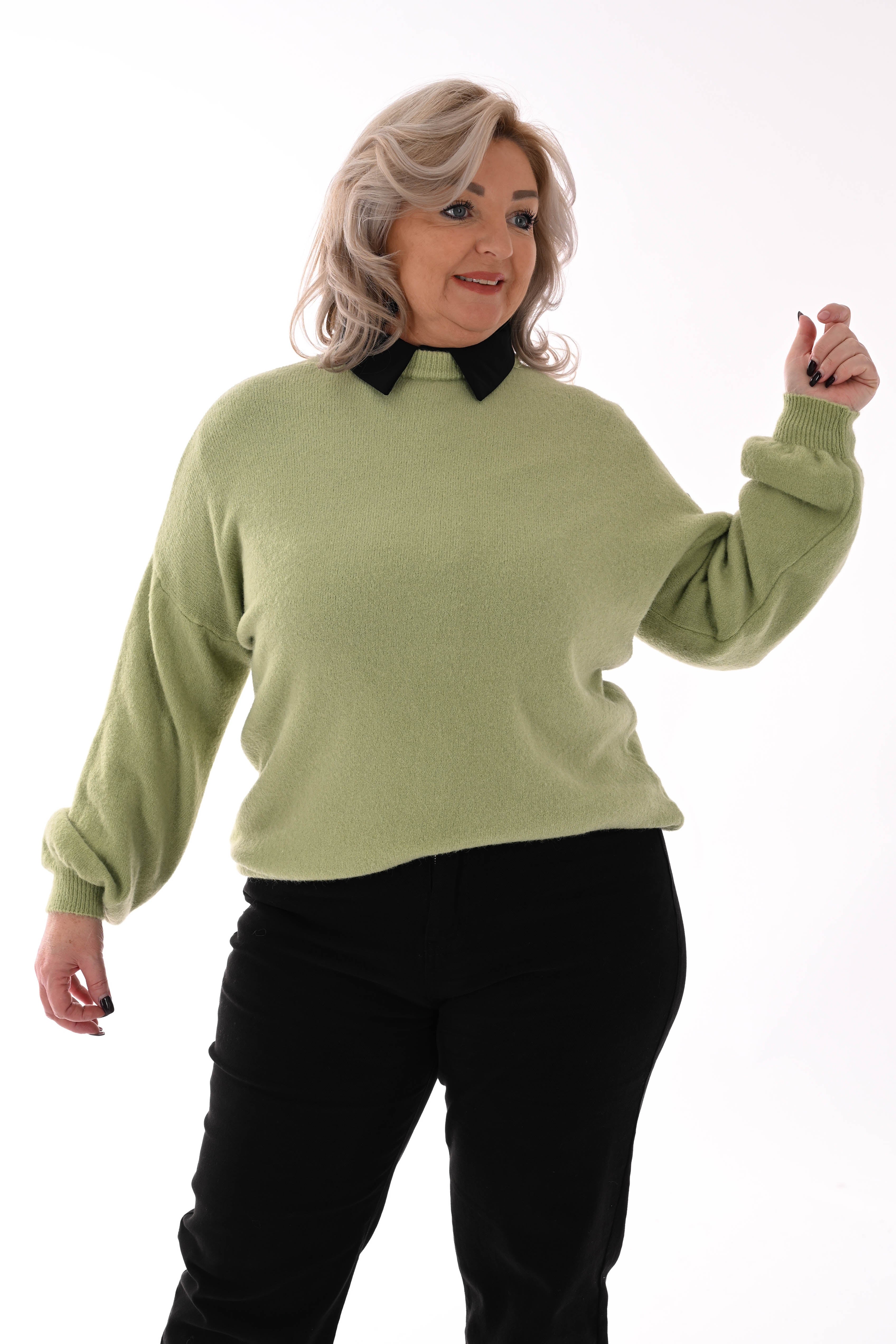 Fijn gebreide trui ronde hals uni pistache