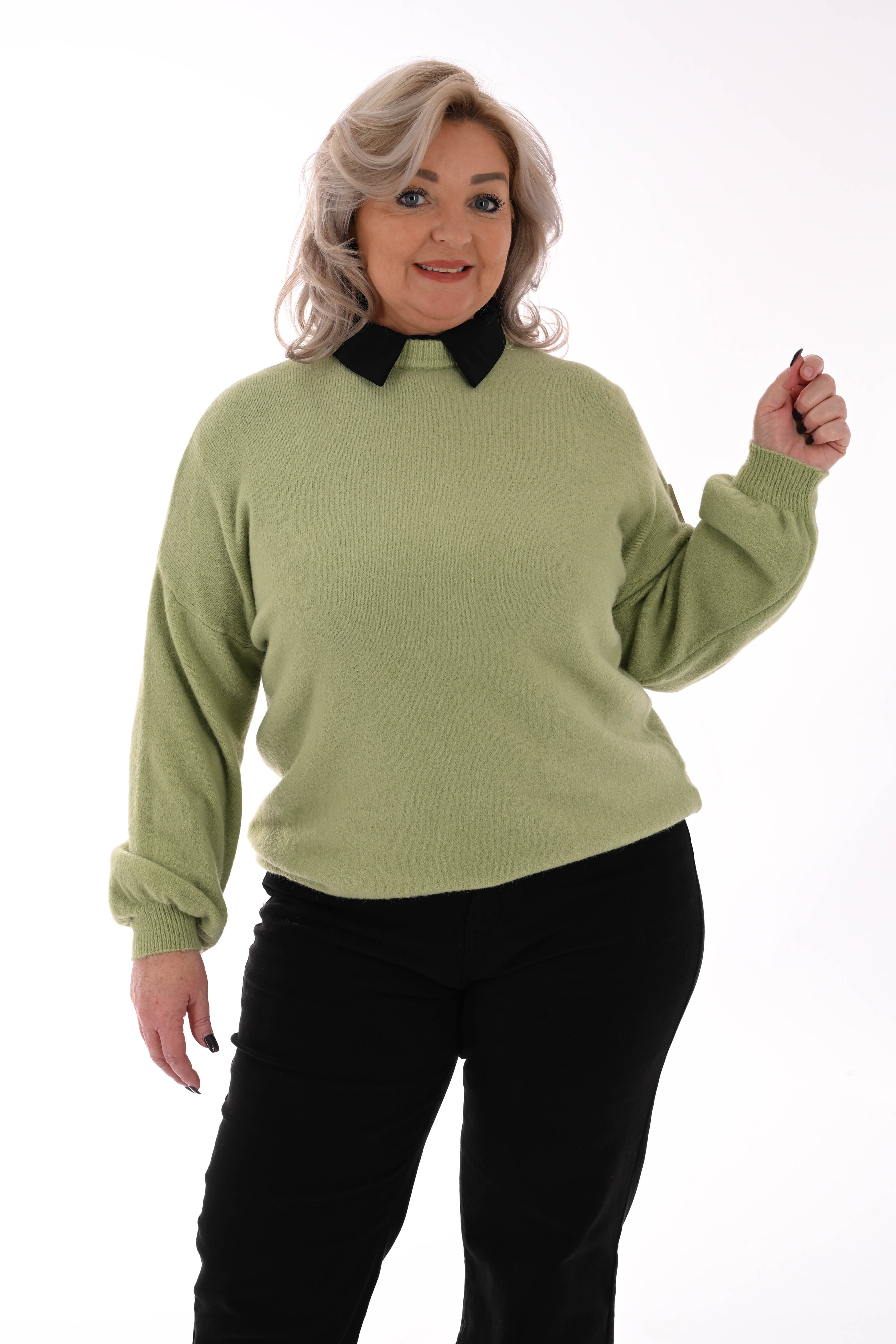 Fijn gebreide trui ronde hals uni pistache