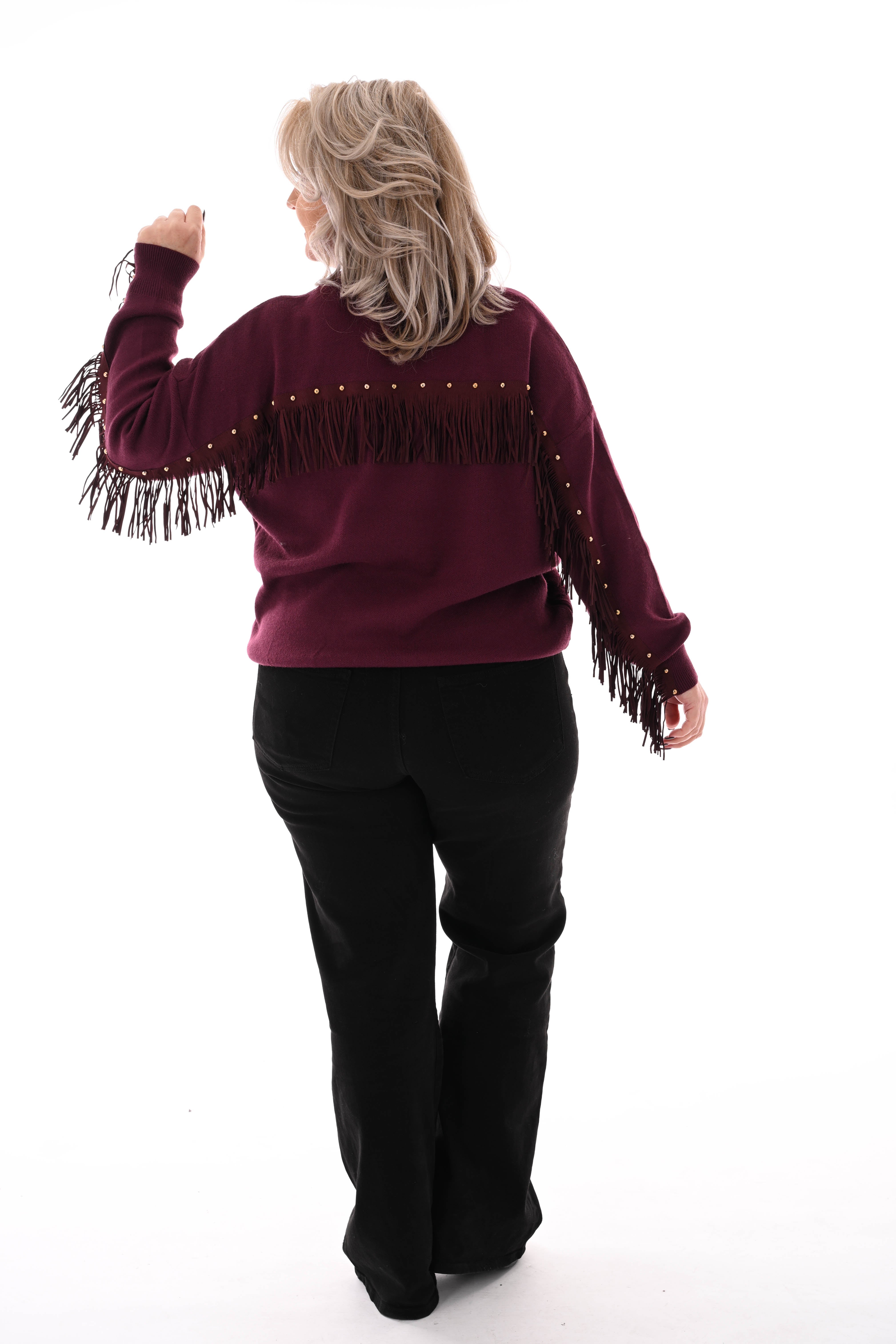 Trui ronde hals franjes met studs aubergine