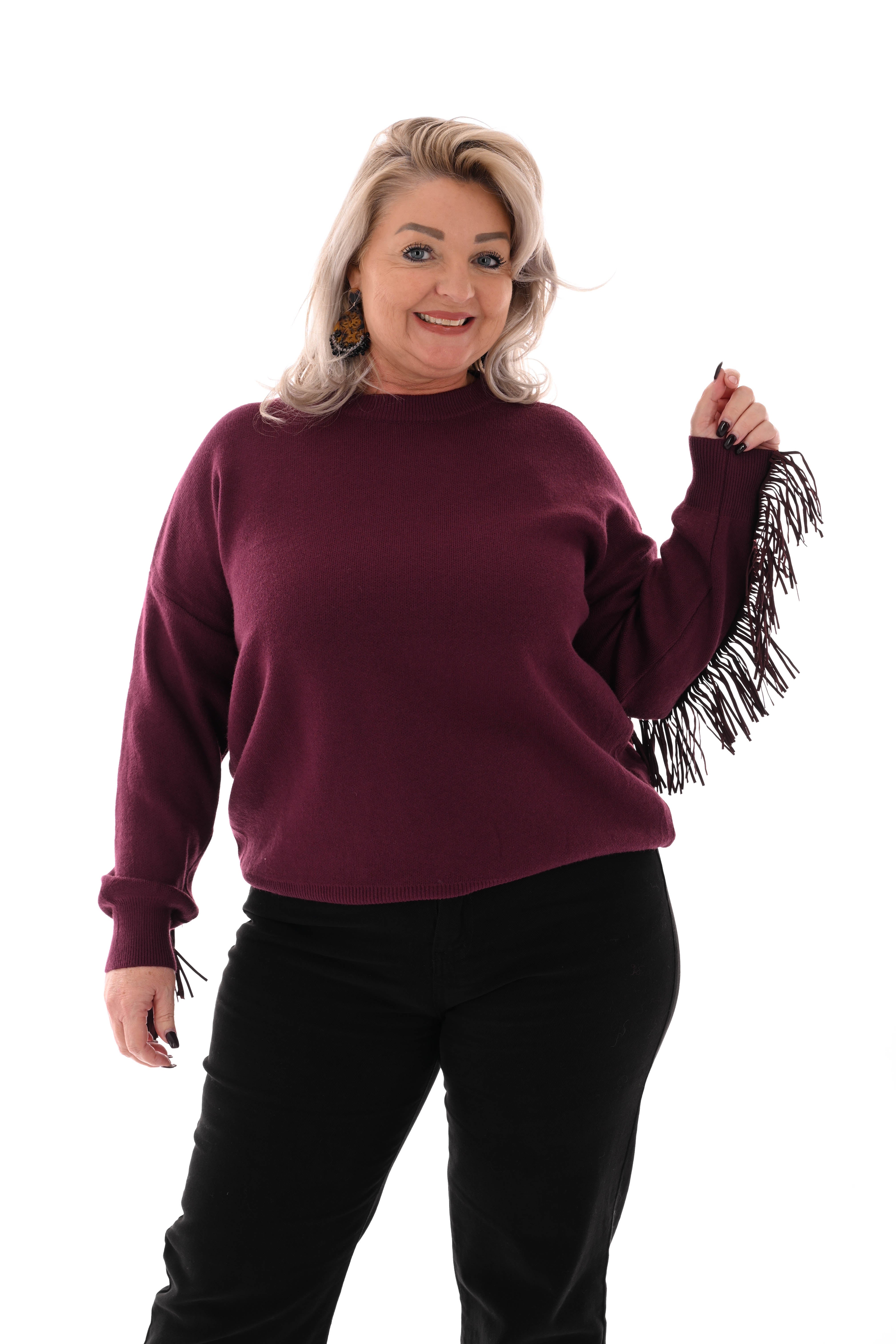 Trui ronde hals franjes met studs aubergine