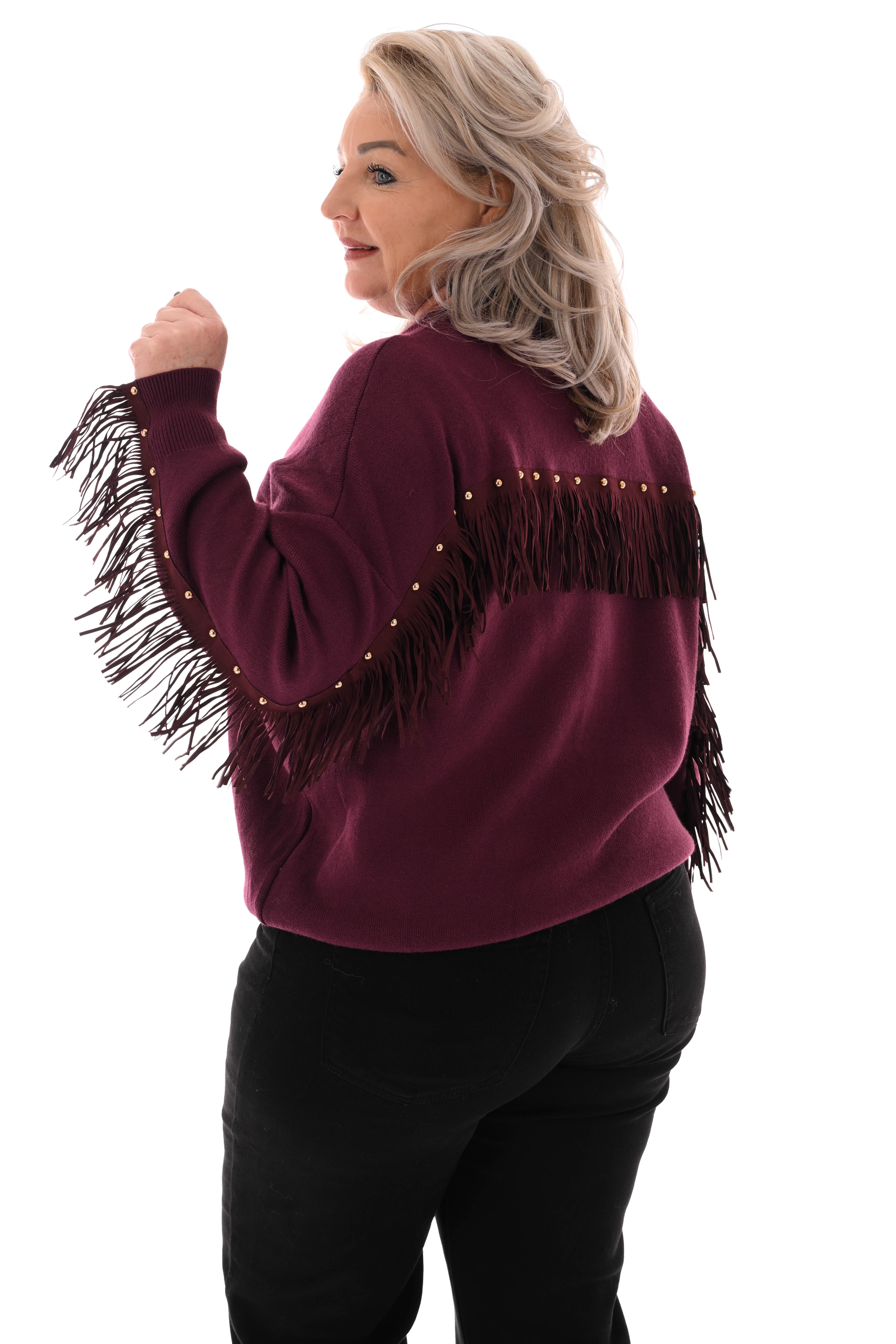 Trui ronde hals franjes met studs aubergine