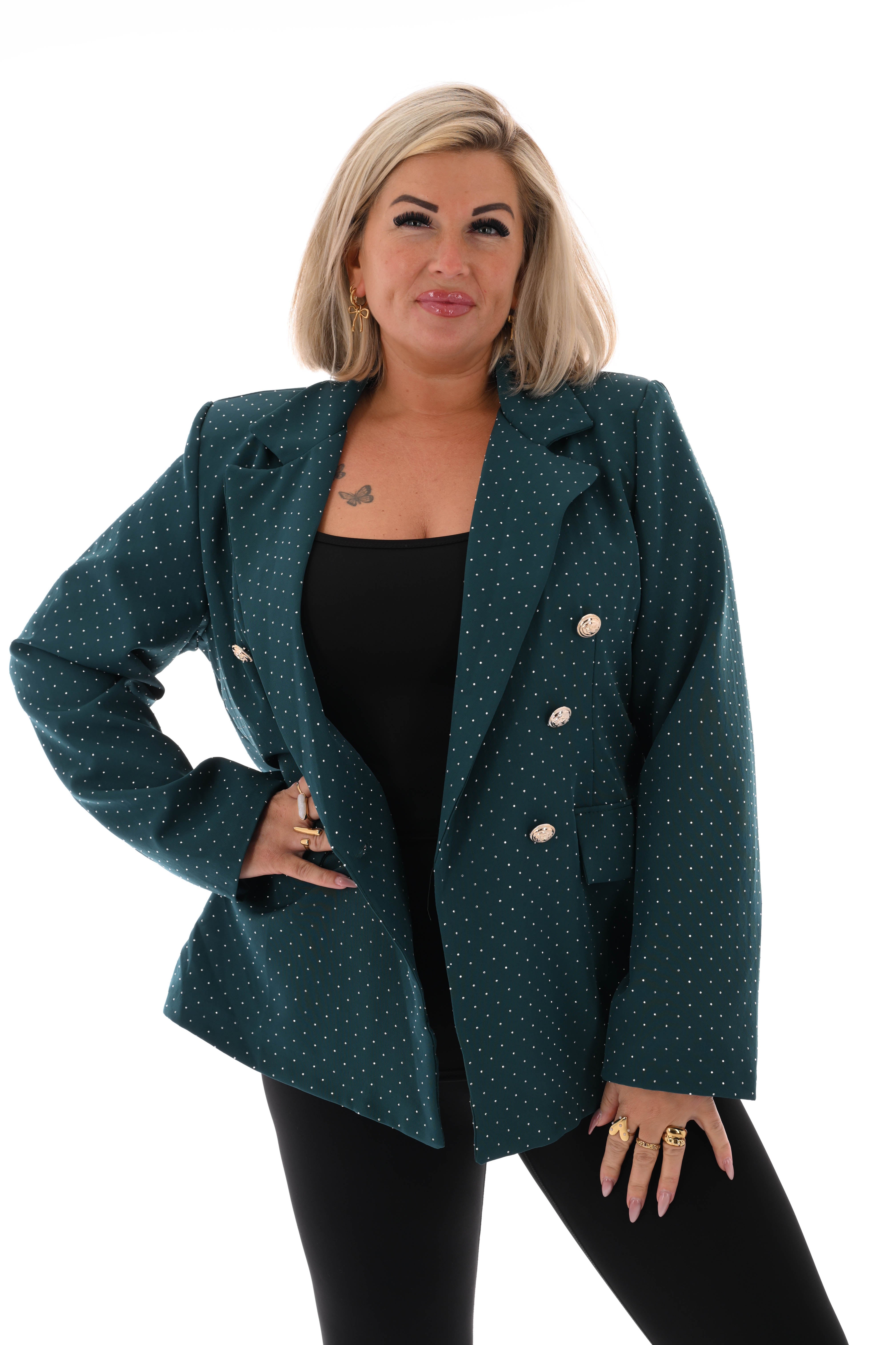 Blazer met strass en knoopsluiting petrol