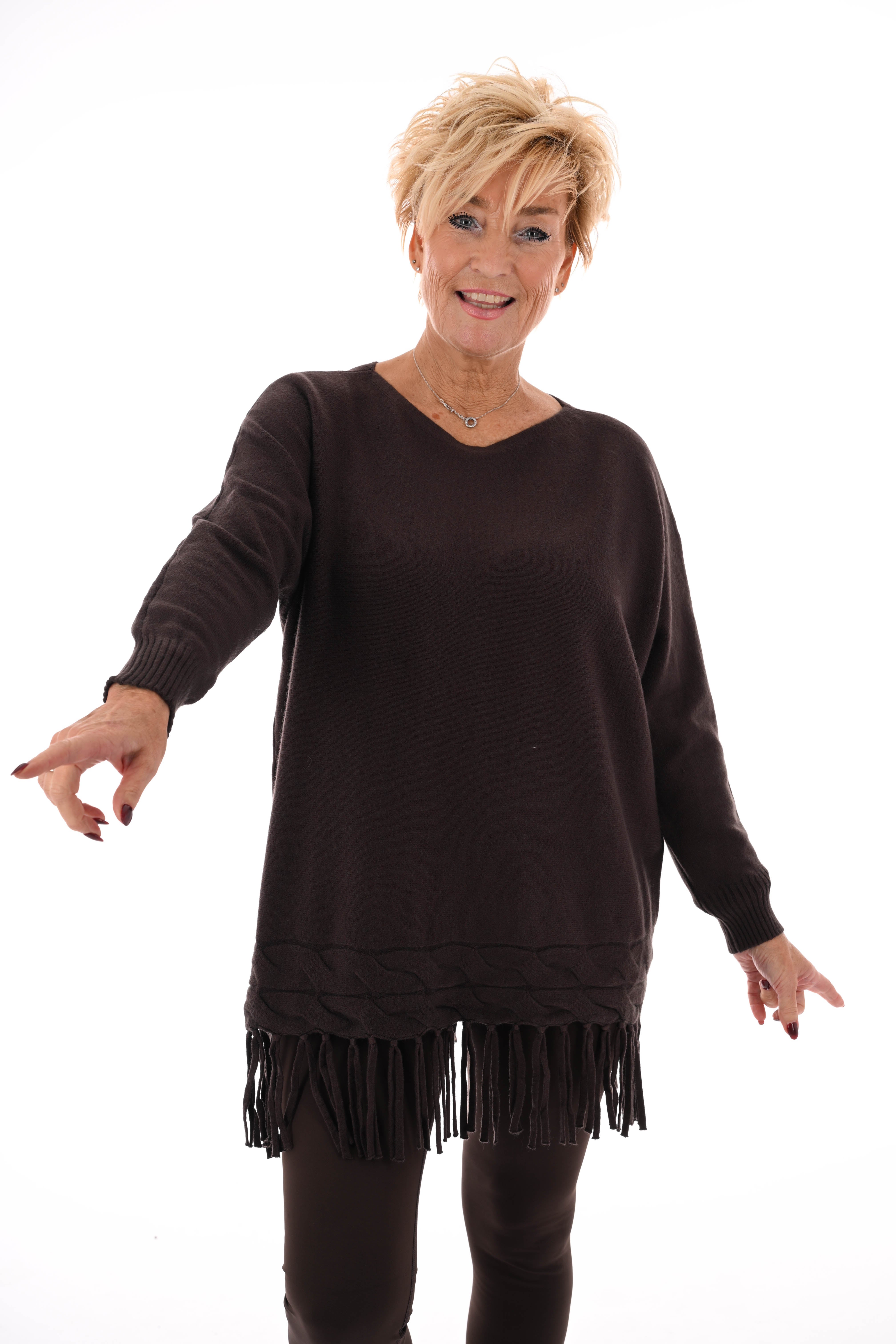 Trui met franjes donkerbruin