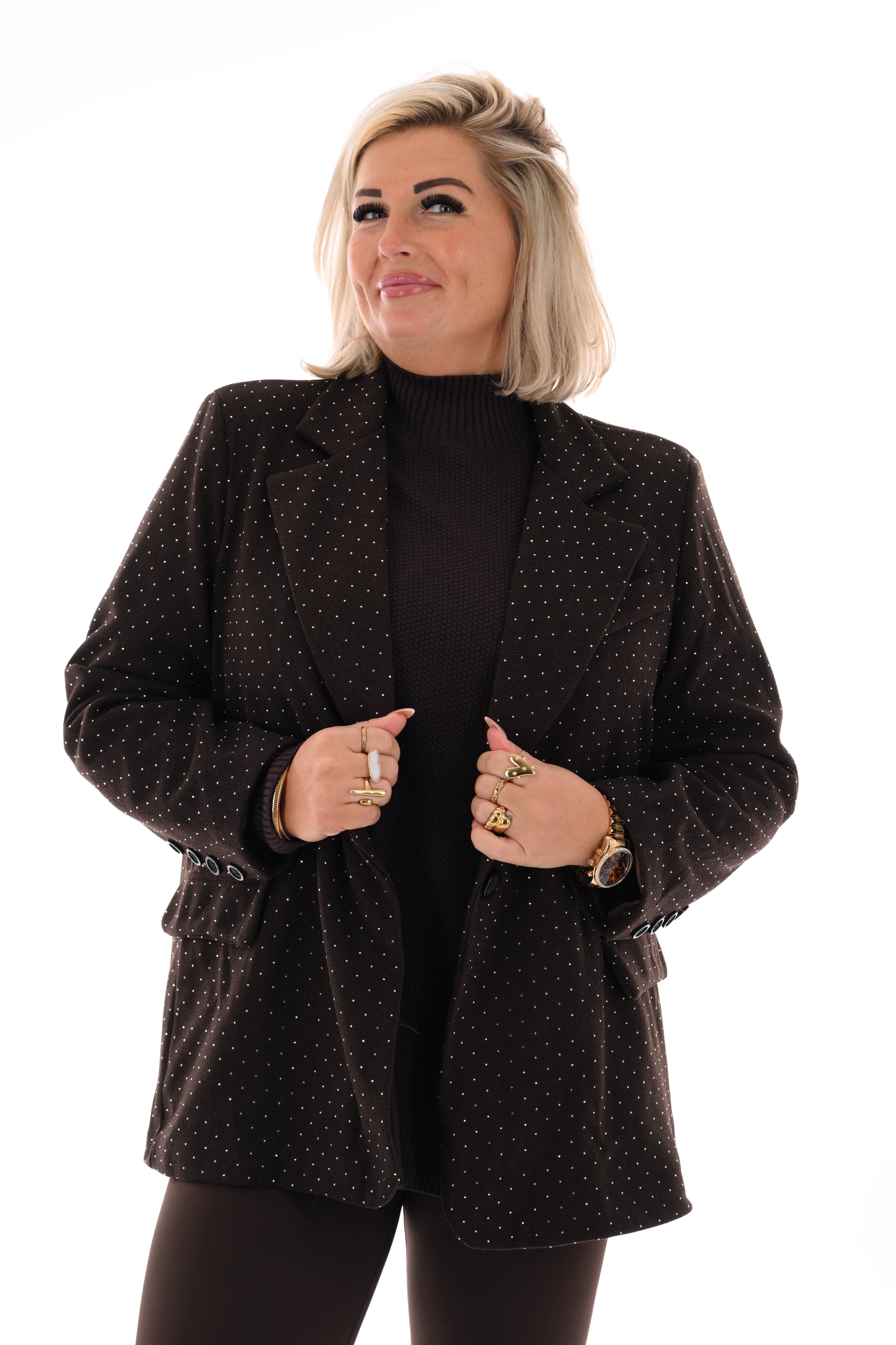 Blazer visgraat strass donkerbruin